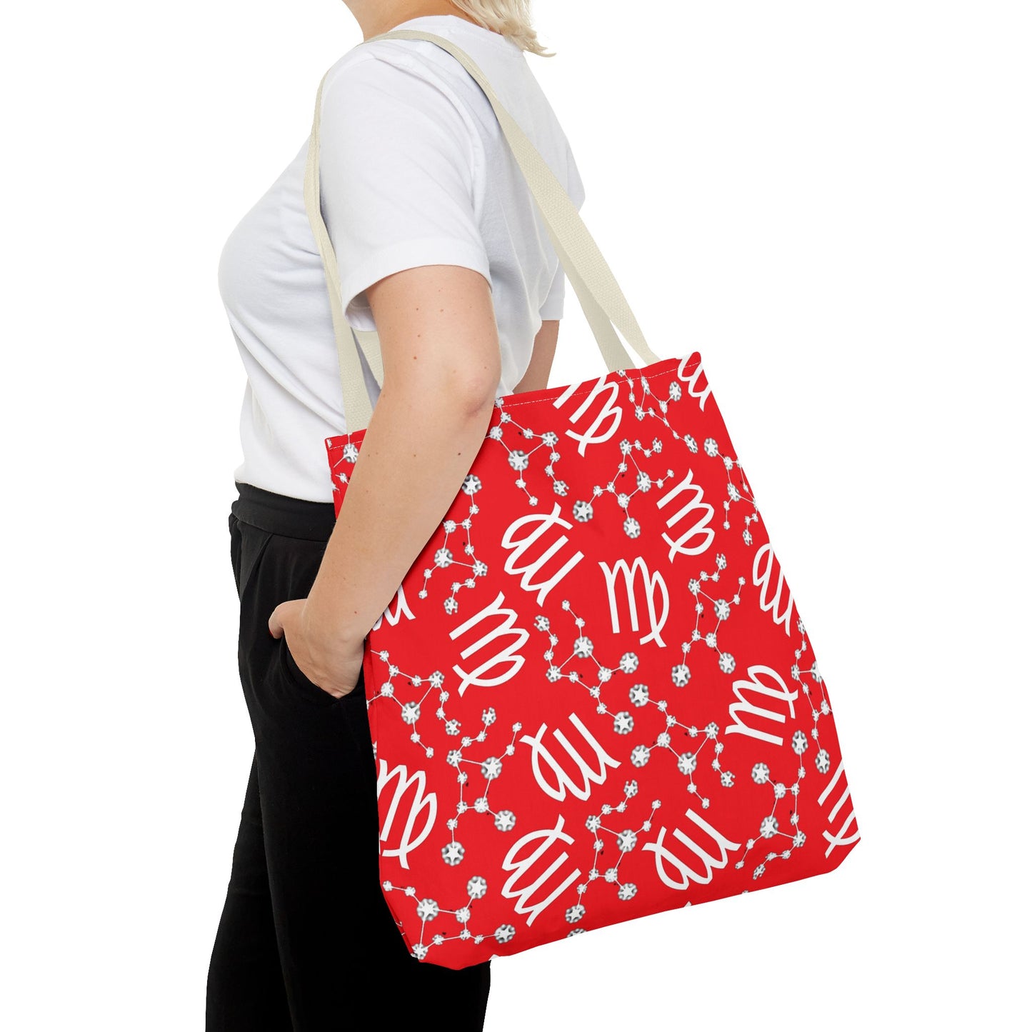 Tote Bag, Virgo Zodiac Sign, AOP, (Red, White)