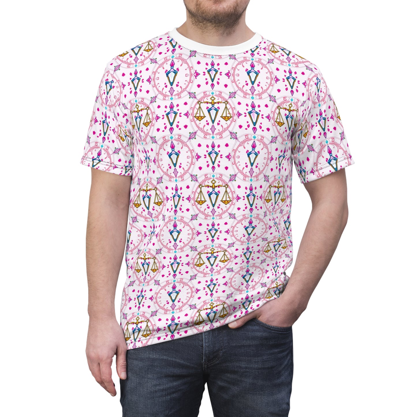 Unisex Cut & Sew T-Shirt, (AOP), Libra, Zodiac v4, Jewels Pattern