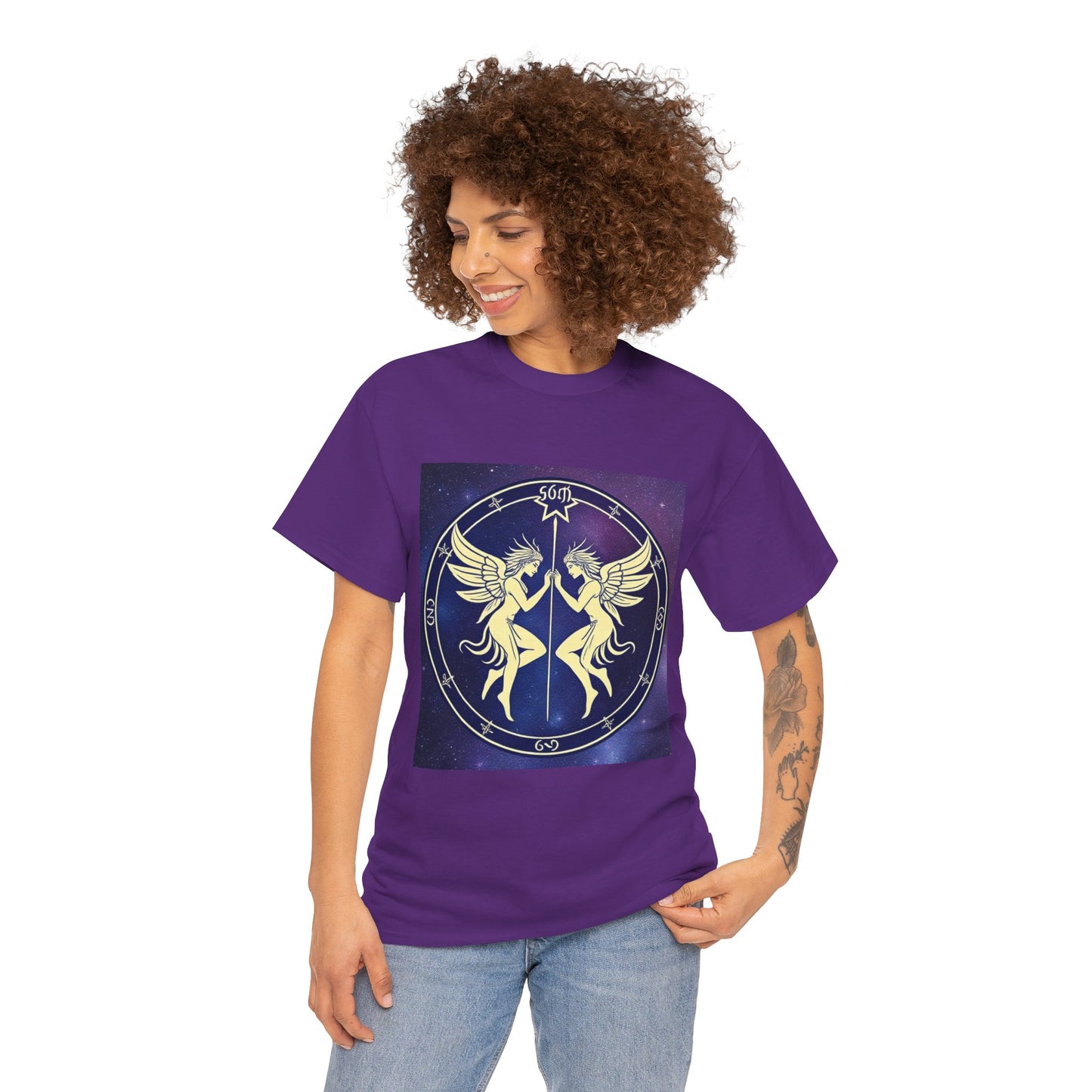 Unisex Heavy Cotton T-Shirt, Space Angel Twins v1, Gemini Zodiac Design
