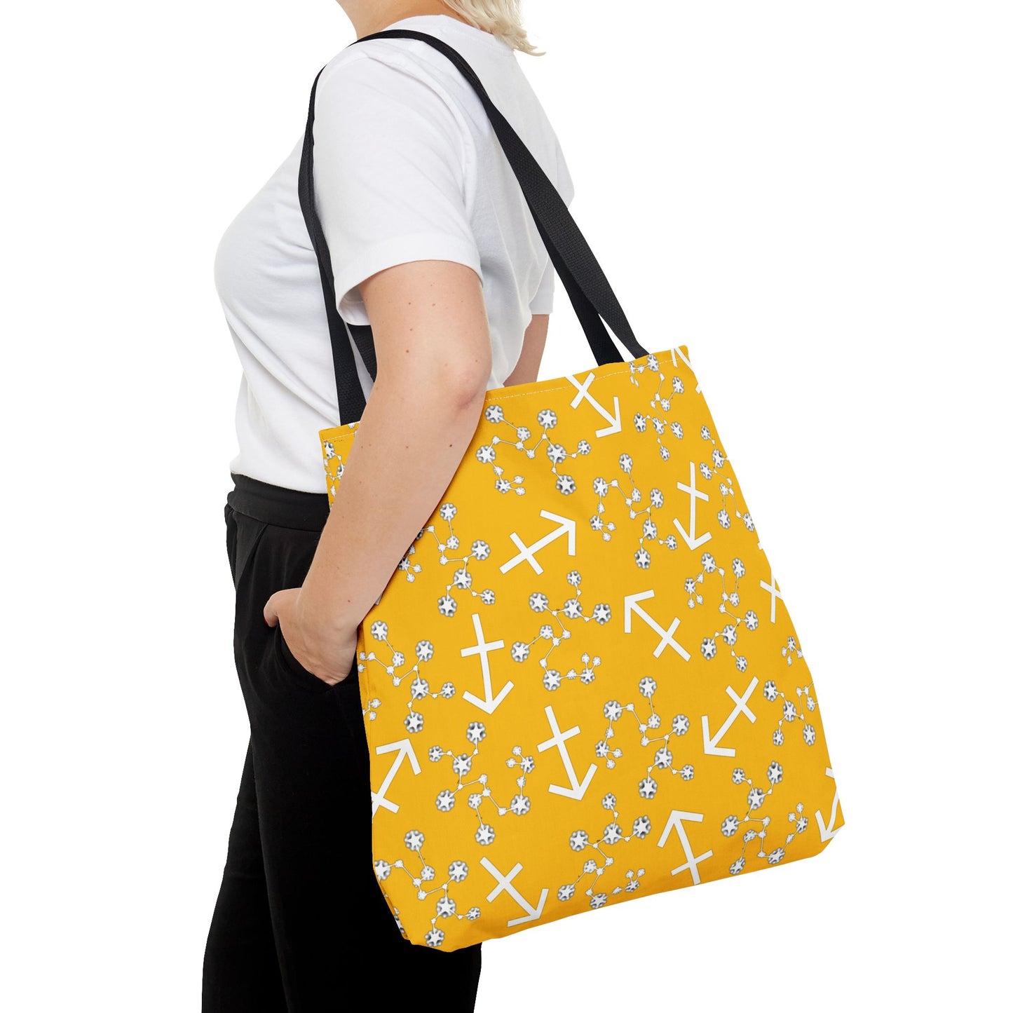 Tote Bag, Sagittarius Zodiac Sign, AOP, (Yellow, White Print)