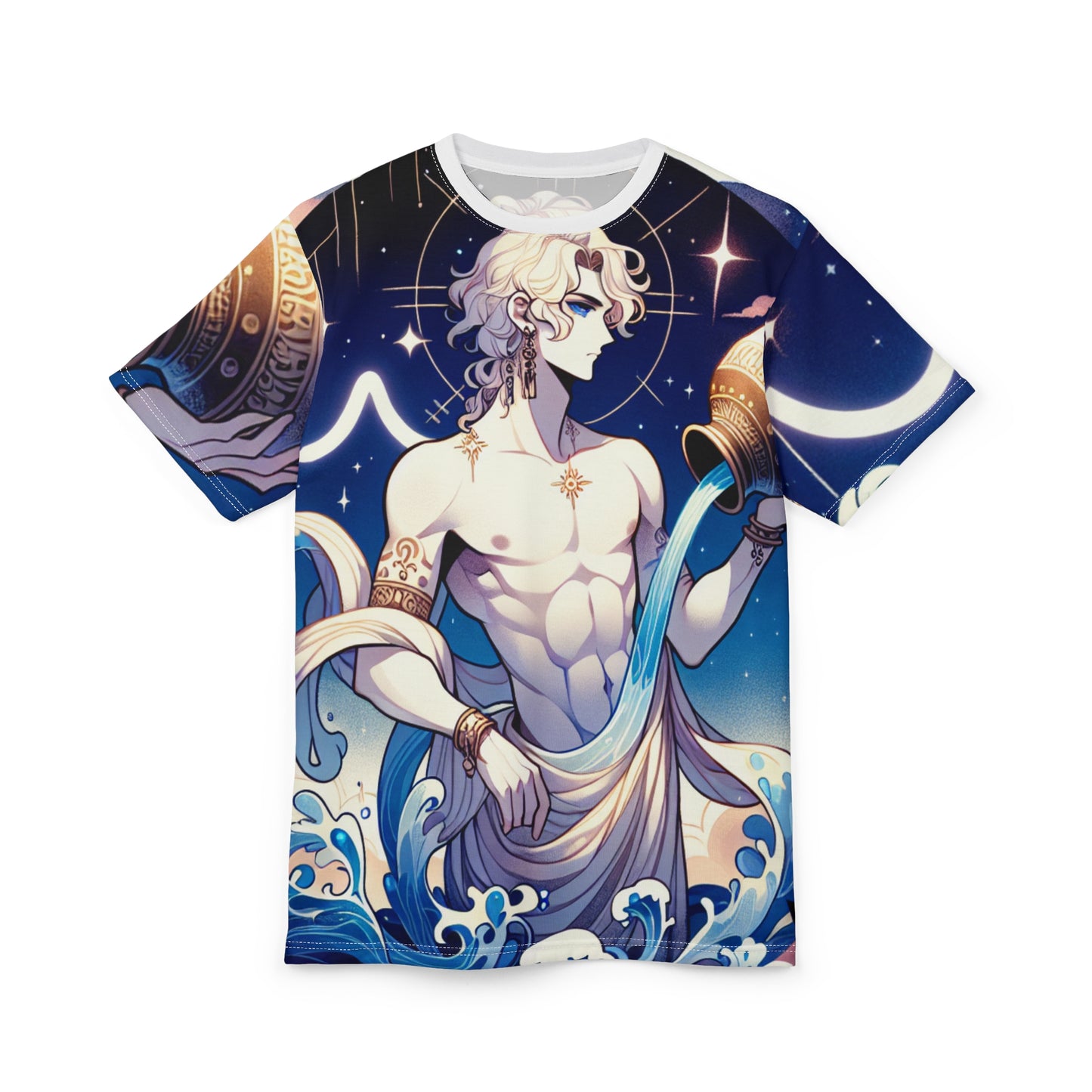 Unisex Cut & Sew T-Shirt (AOP), Anime Character, Aquarius Zodiac Design, Regular fit, 100% Polyester
