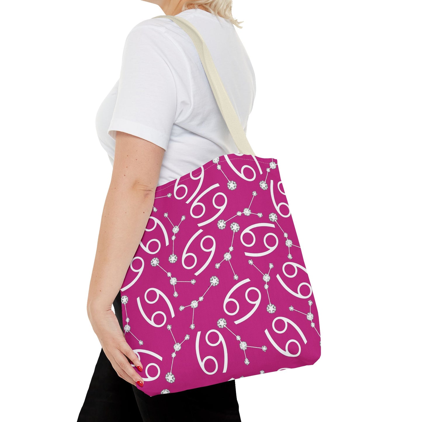 Tote Bag, Cancer Zodiac Sign, AOP, (Pink, White)