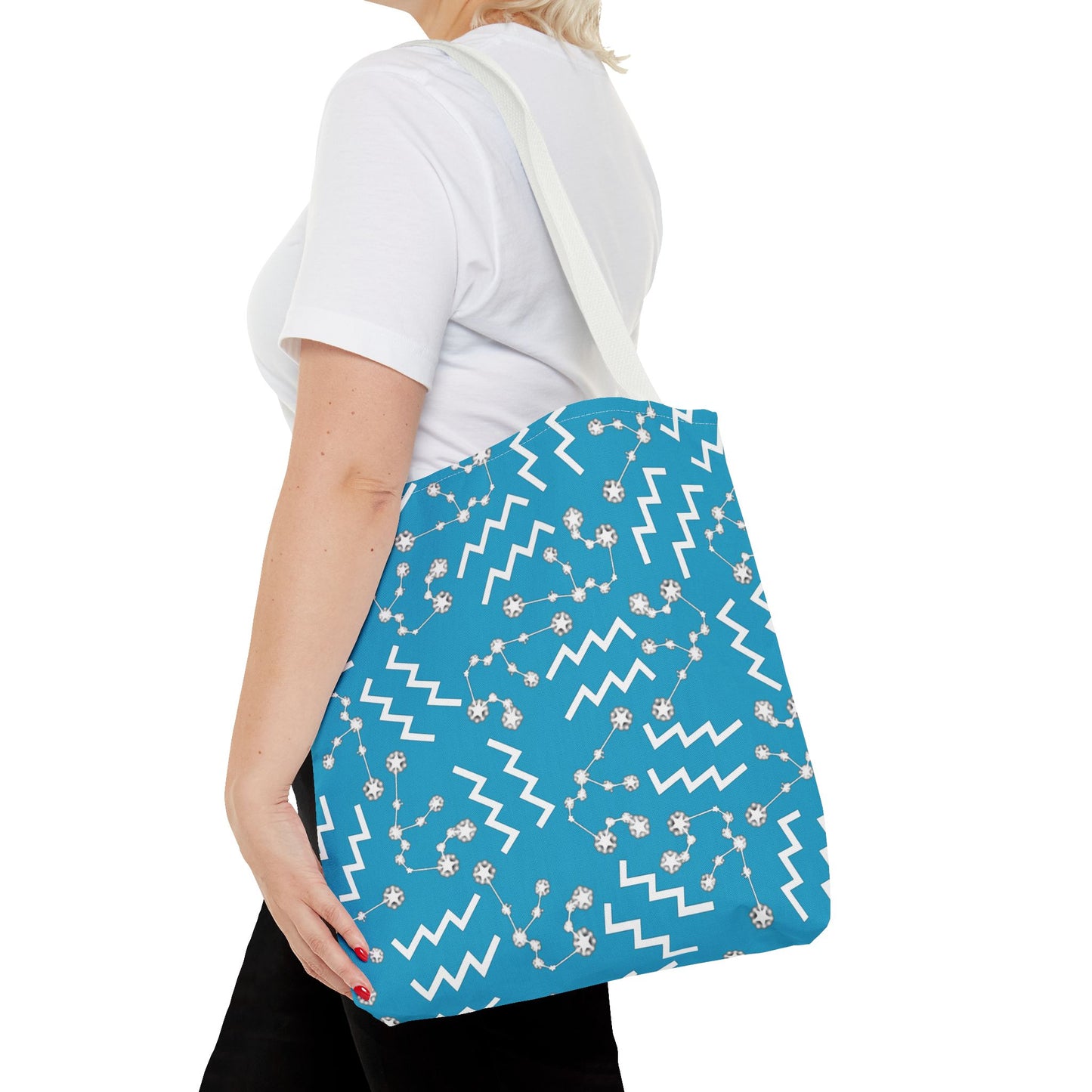Tote Bag, Aquarius Zodiac Sign, AOP, (Turquoise, White)