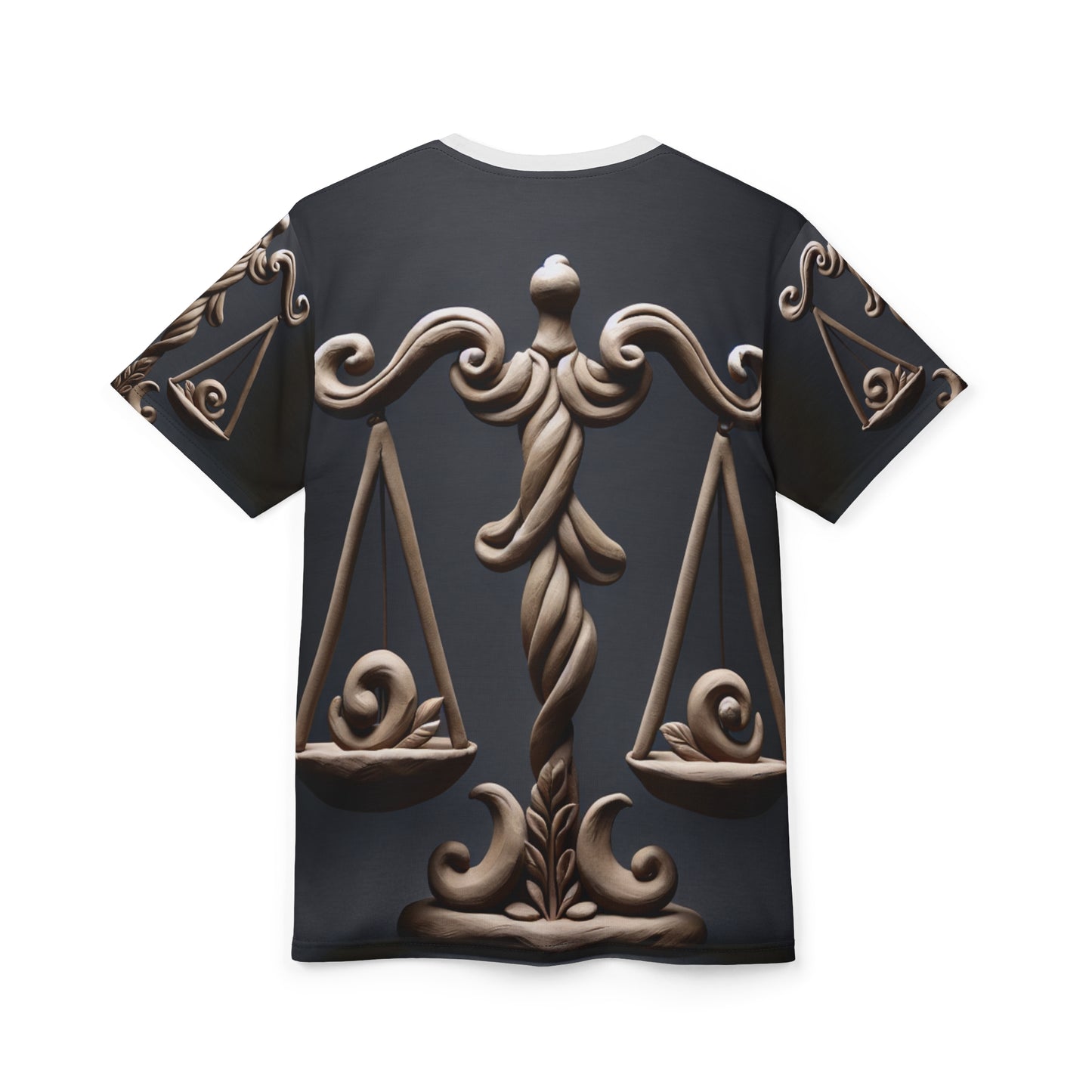Unisex Cut & Sew T-Shirt (AOP), Bronze Scale, Libra Zodiac Design, Regular fit, 100% Polyester