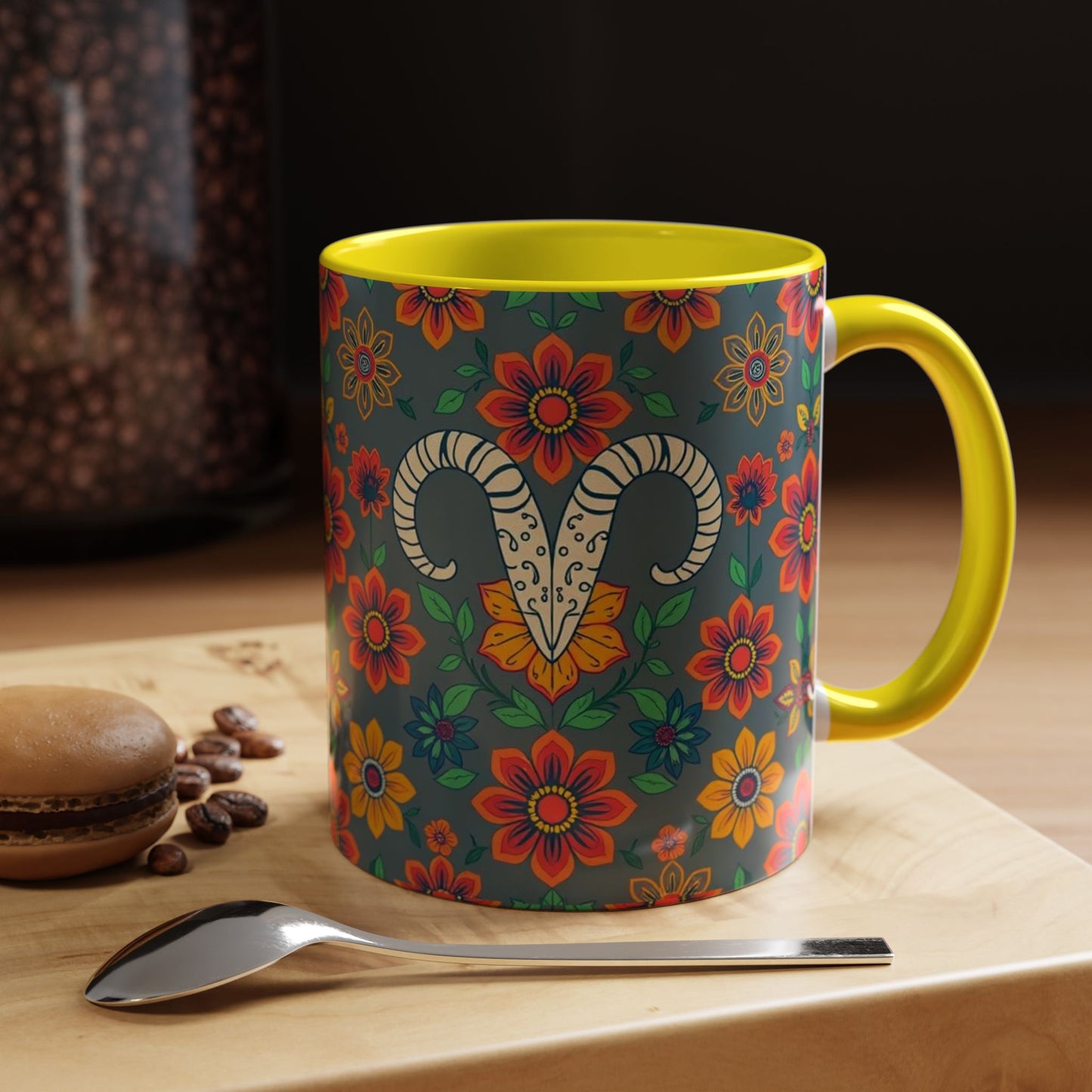 Accent Coffee Mug, Aries, Zodiac v4, Flower Pattern, (11, 15oz)