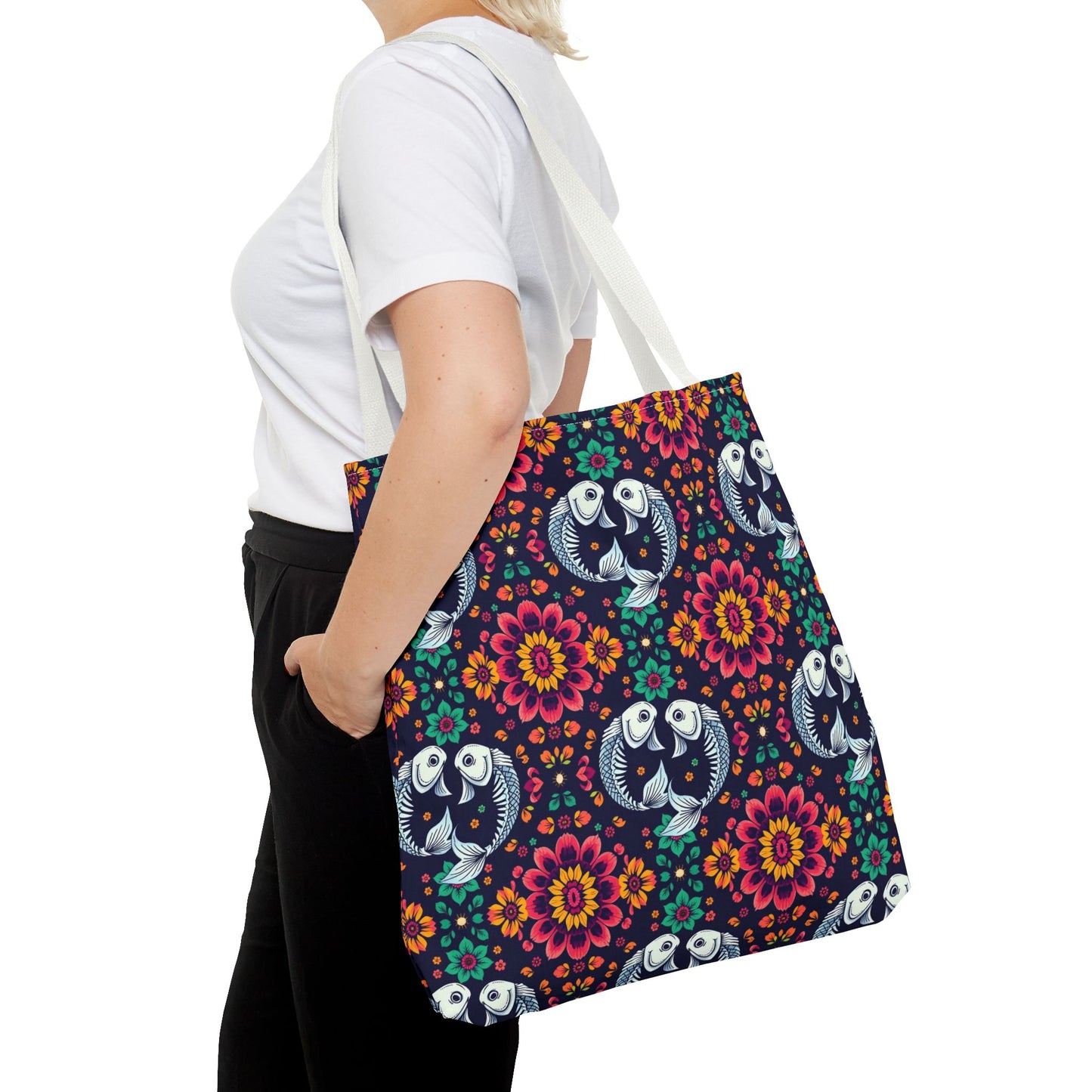 Tote Bag (AOP), Pisces, Zodiac v1, Flower Pattern