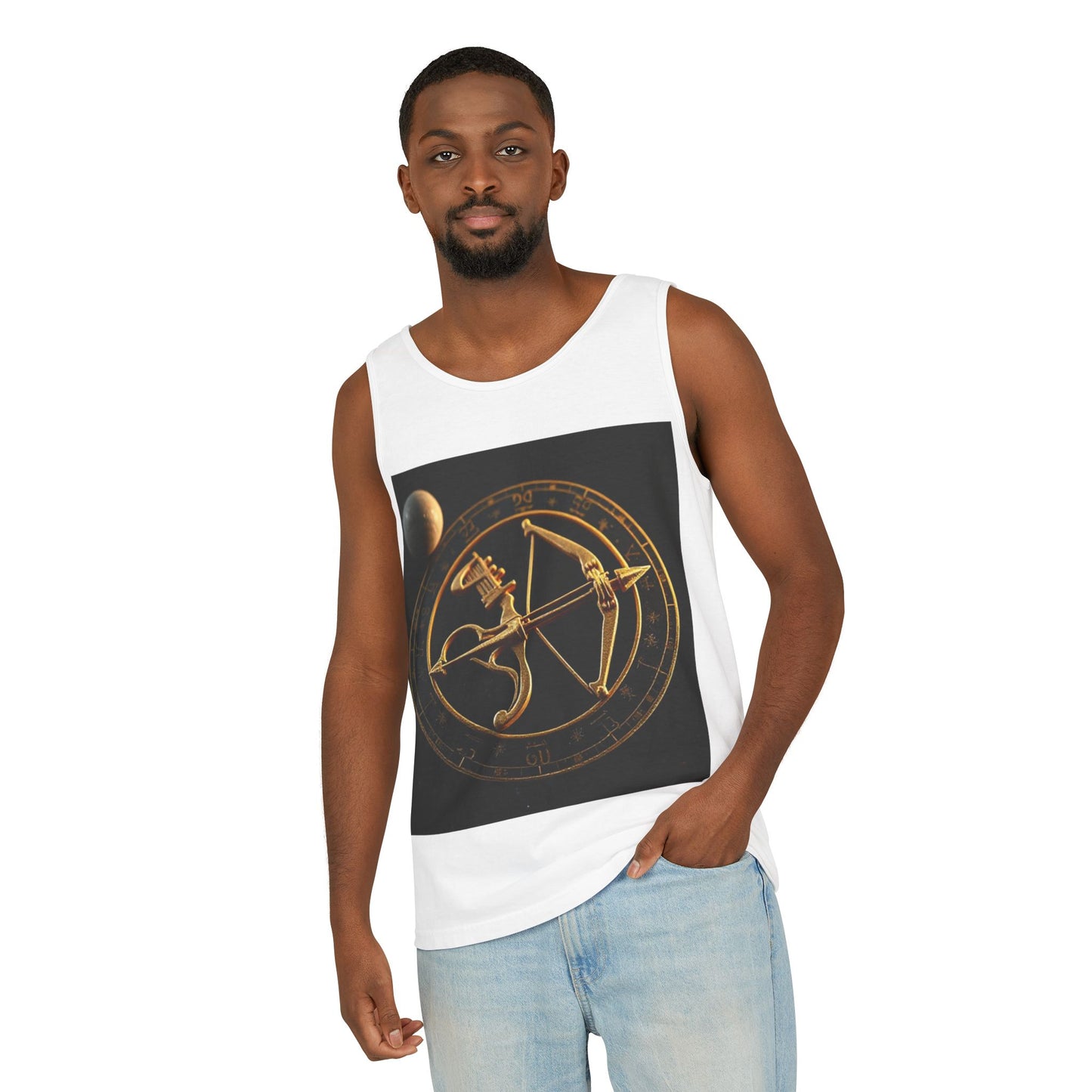 Unisex Garment-Dyed, Tank Top, Sagittarius Design, Planet Symbol v1, 100% US cotton