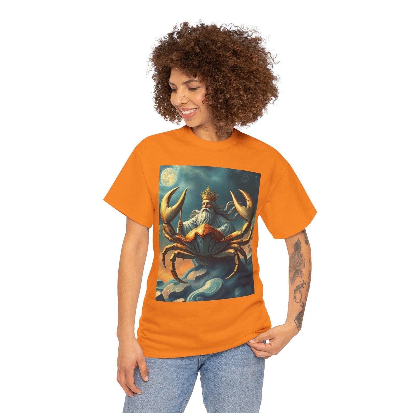 Unisex Heavy Cotton T-Shirt, Crustacean King v1, Cancer Zodiac Design