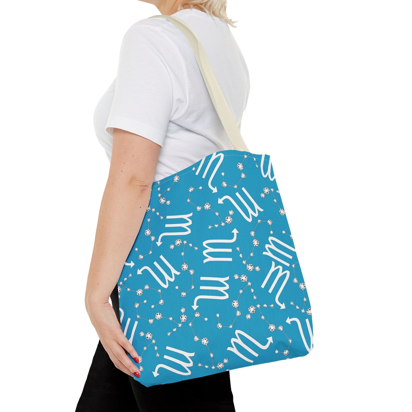 Tote Bag, Scorpio Zodiac Sign, AOP, (Turquoise, White)