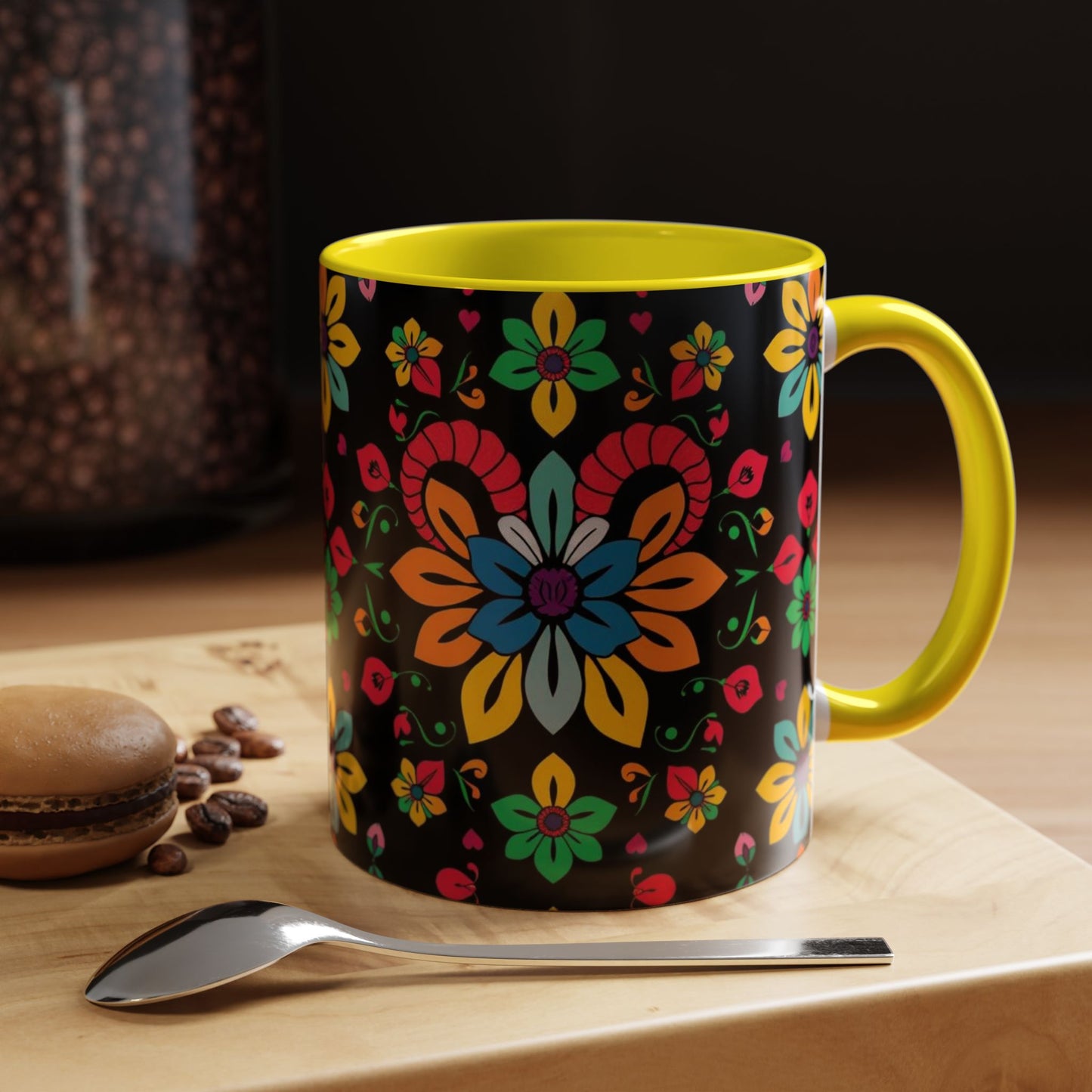 Accent Coffee Mug, Aries, Zodiac v3, Flower Pattern, (11, 15oz)
