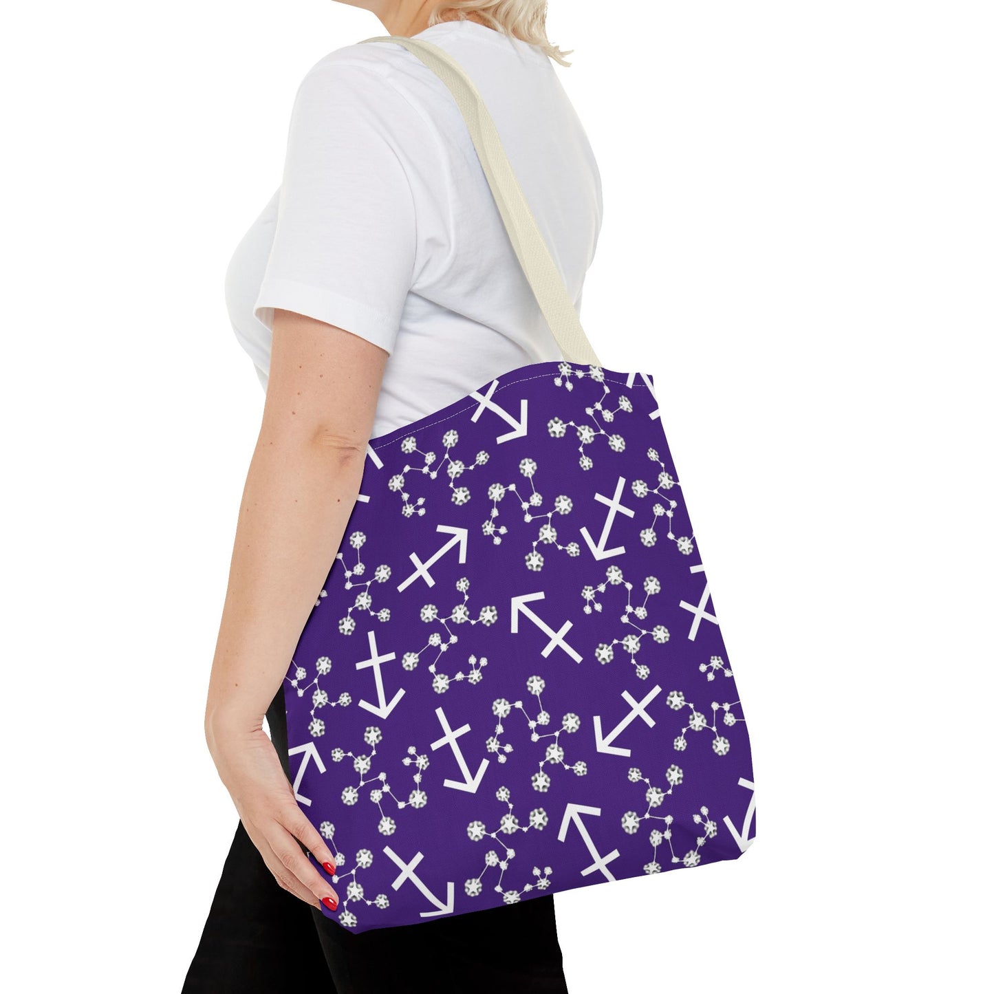 Tote Bag, Sagittarius Zodiac Sign, AOP, (Purple, White Print)