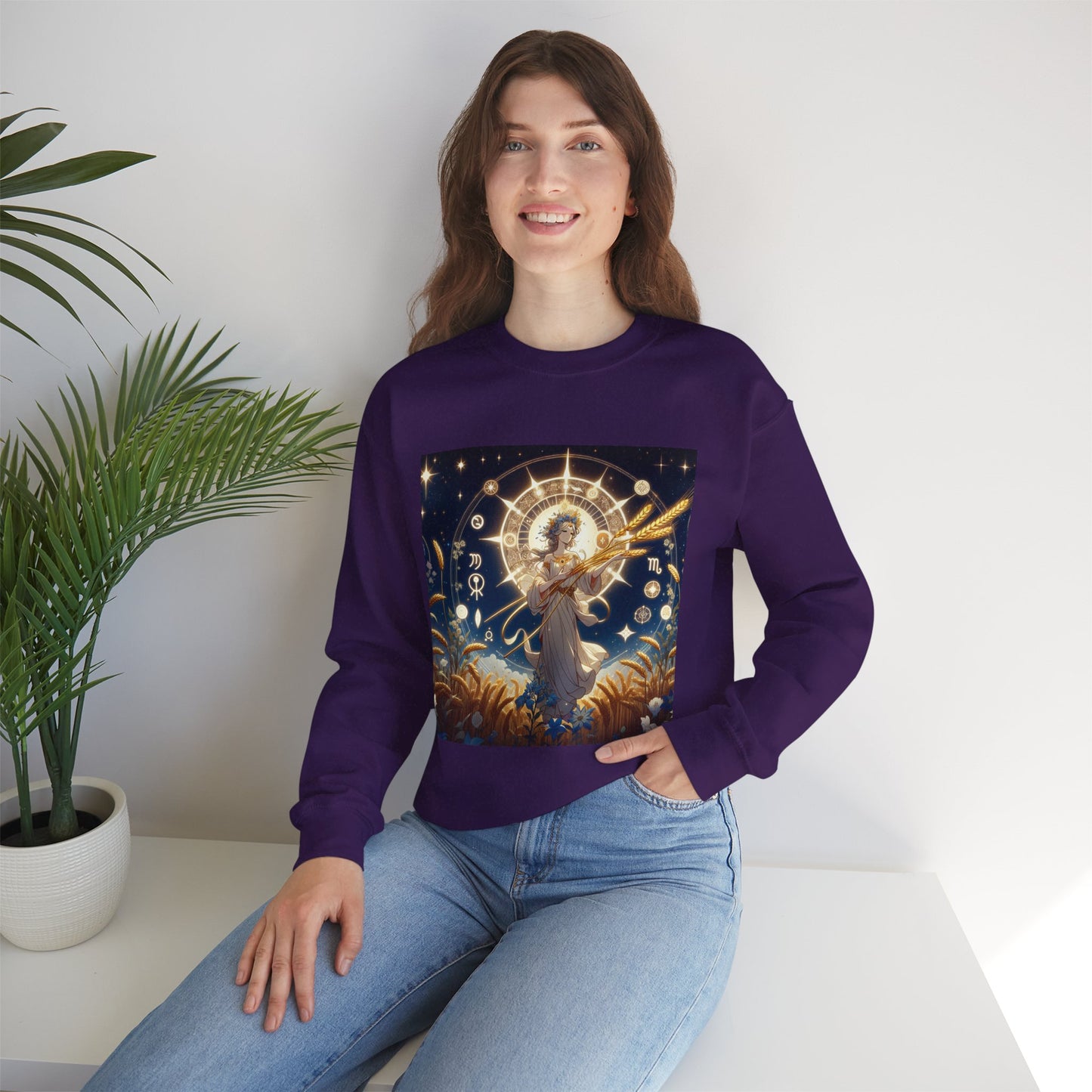 Unisex Heavy Blend™ Crewneck Sweatshirt, anime girl in wheat field, Virgo Zodiac Design
