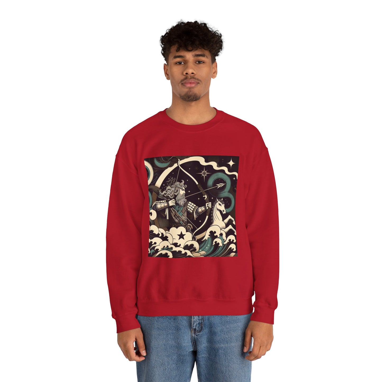 Unisex Heavy Blend™ Crewneck Sweatshirt, Man With Arrow Sagittarius Zodiac Design
