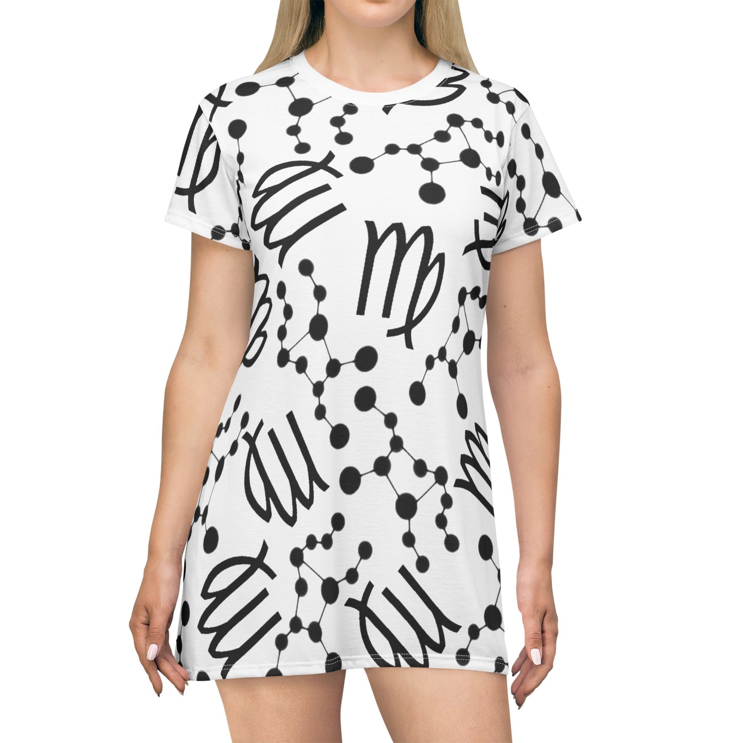 T-Shirt Dress (AOP), 100% Polyester, White thread color, Virgo Zodiac design