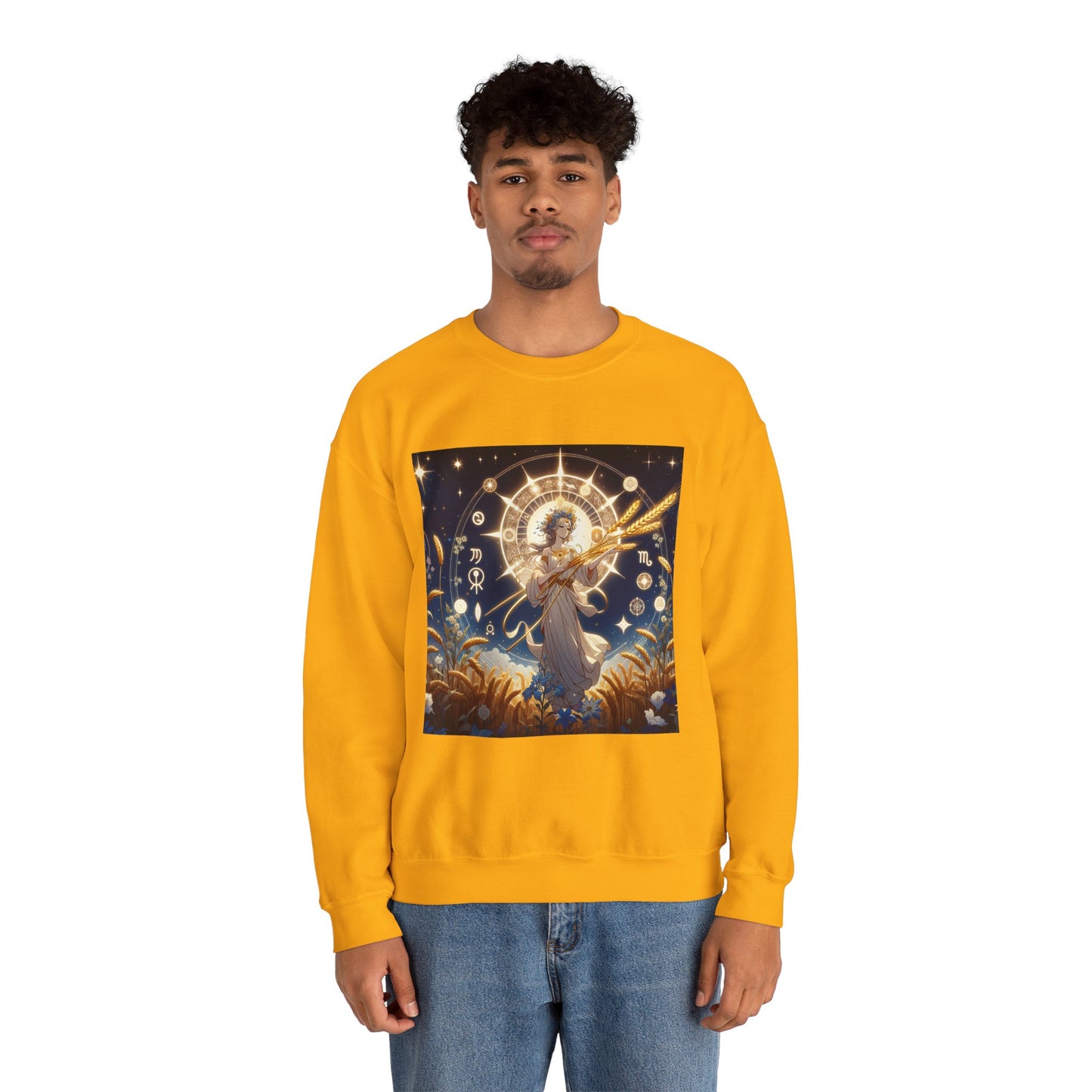 Unisex Heavy Blend™ Crewneck Sweatshirt, anime girl in wheat field, Virgo Zodiac Design