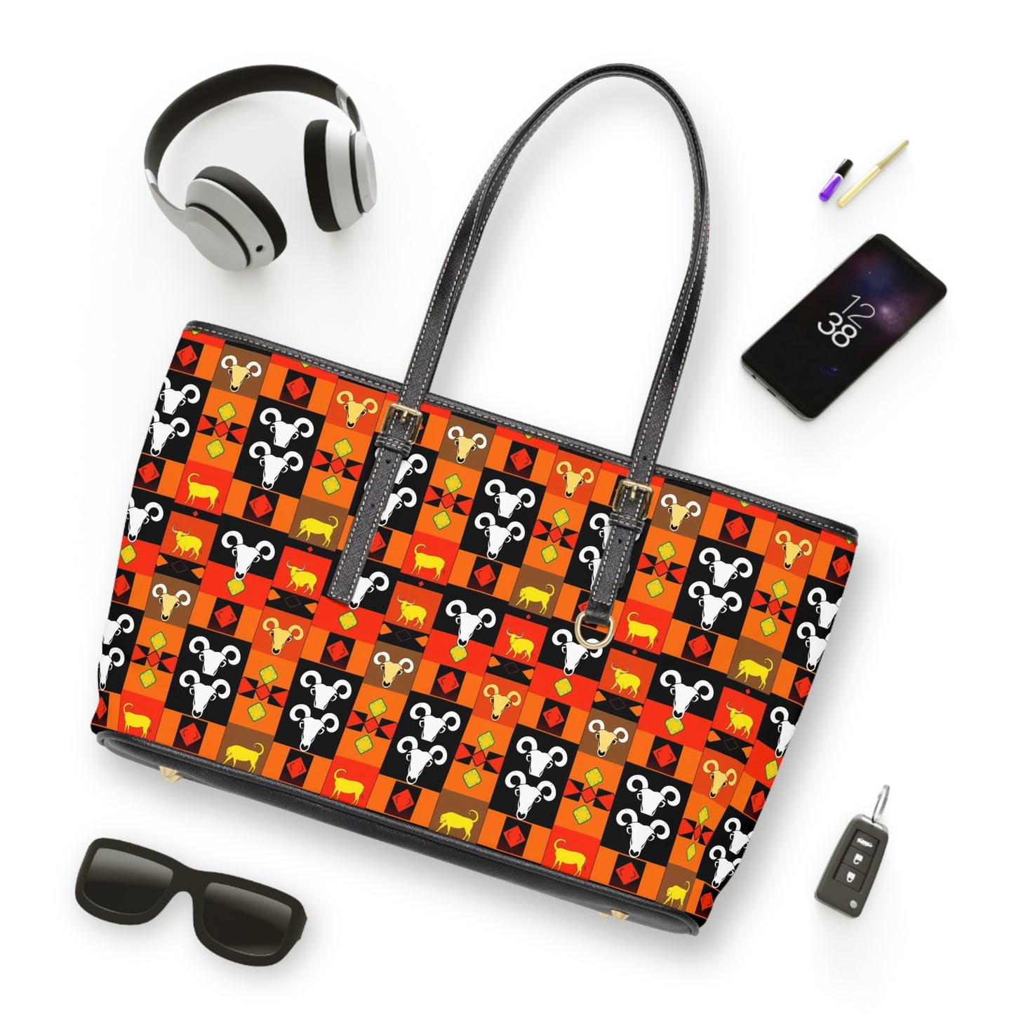 Leather Shoulder Bag, Taurus, Zodiac v2, Shapes Pattern