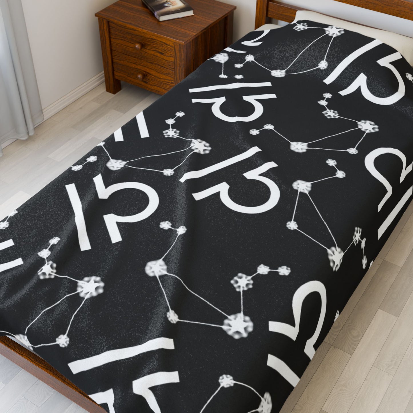 Velveteen Plush Blanket, Libra Zodiac Sign, Constellation & Symbol, Black, 100% polyester