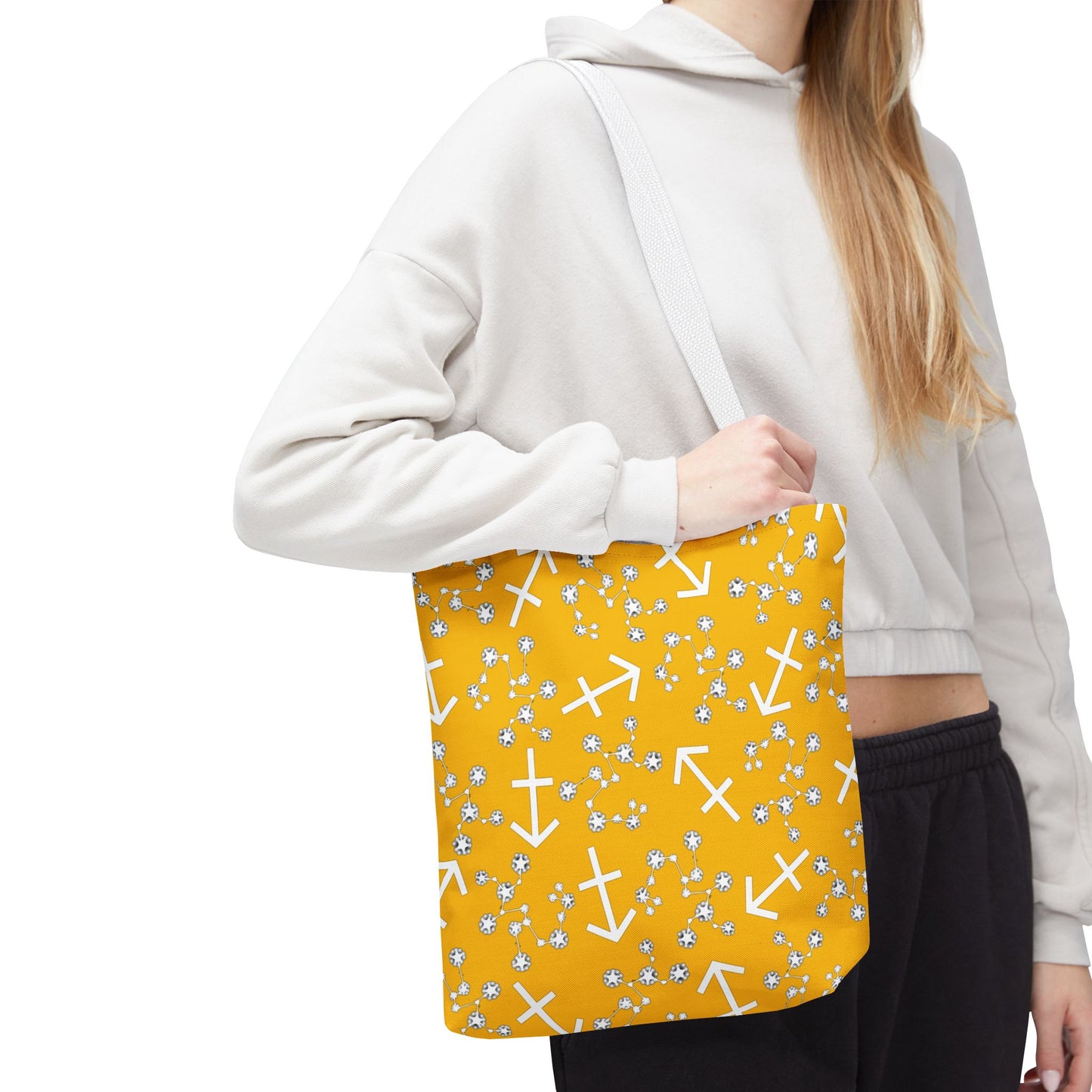 Tote Bag, Sagittarius Zodiac Sign, AOP, (Yellow, White Print)