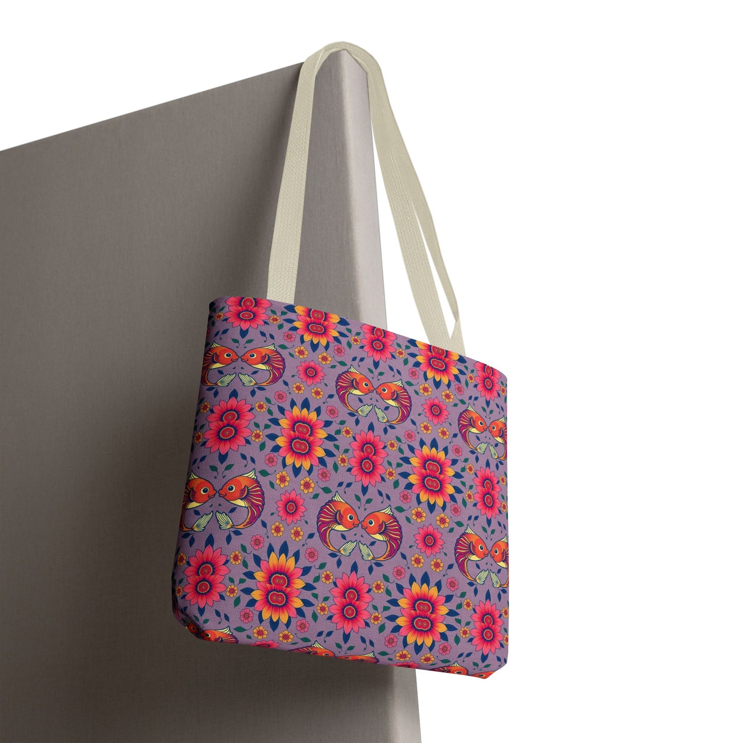 Tote Bag, (AOP), Pisces, Zodiac v2, Flower Pattern