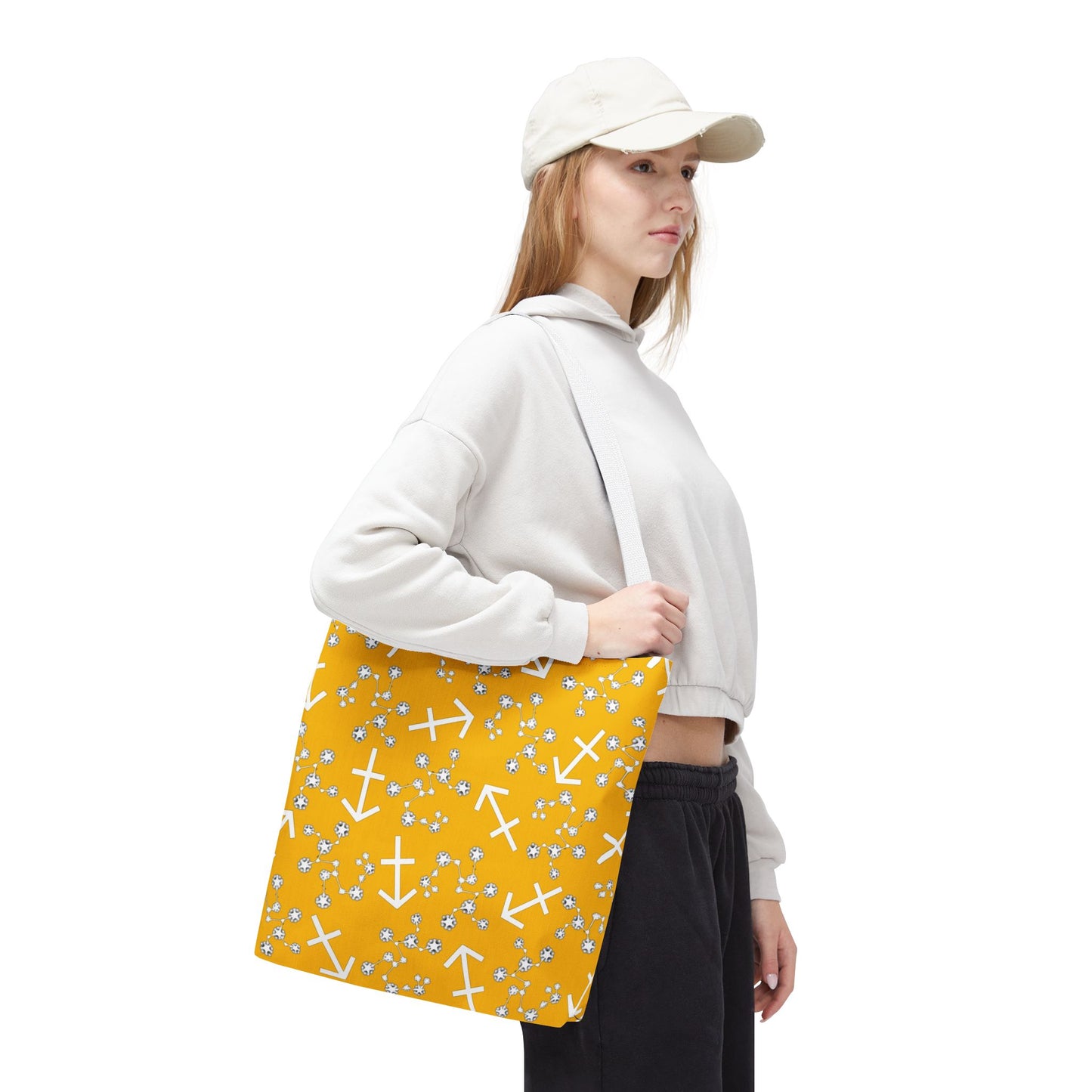 Tote Bag, Sagittarius Zodiac Sign, AOP, (Yellow, White Print)