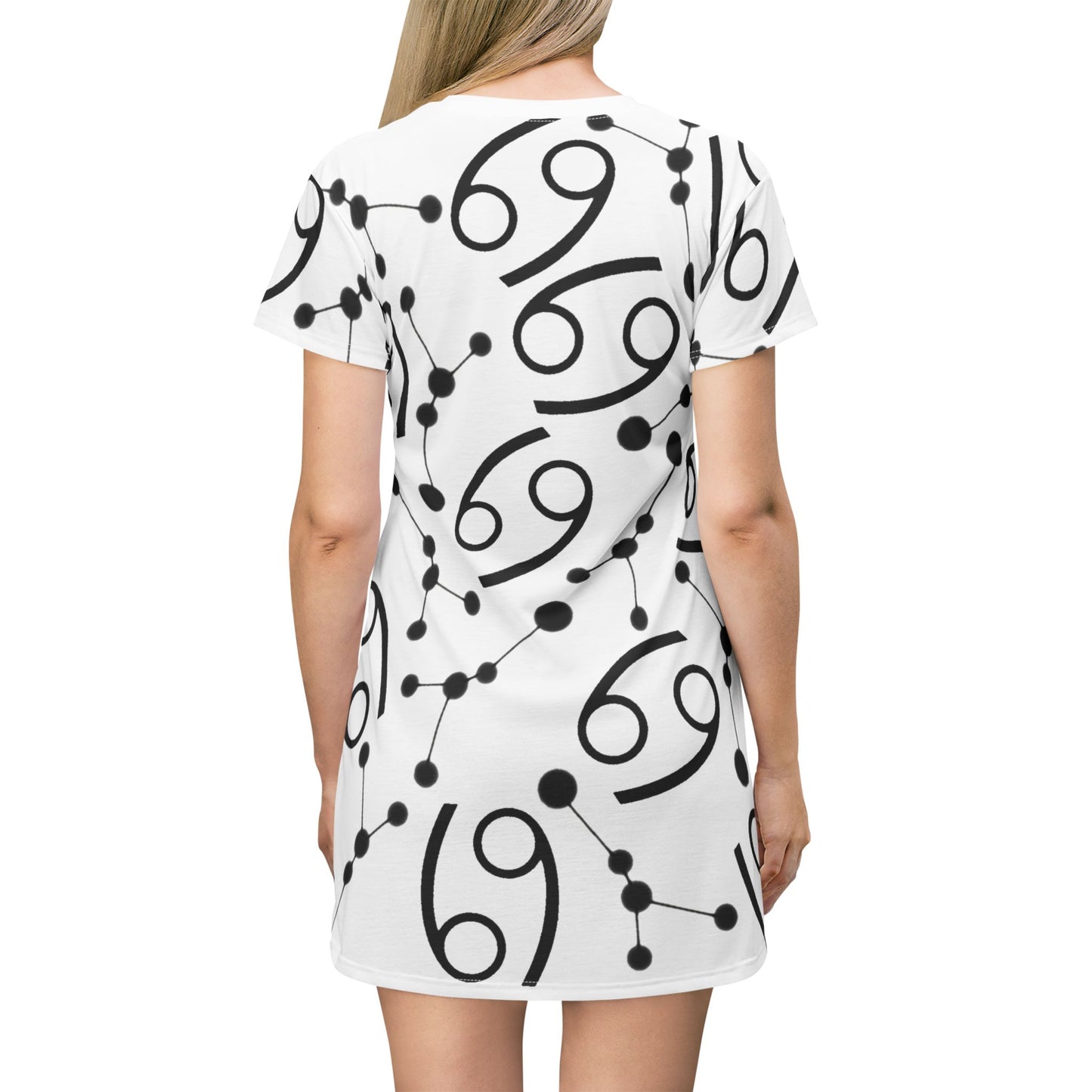 T-Shirt Dress (AOP), 100% Polyester, White thread color, Cancer Zodiac design