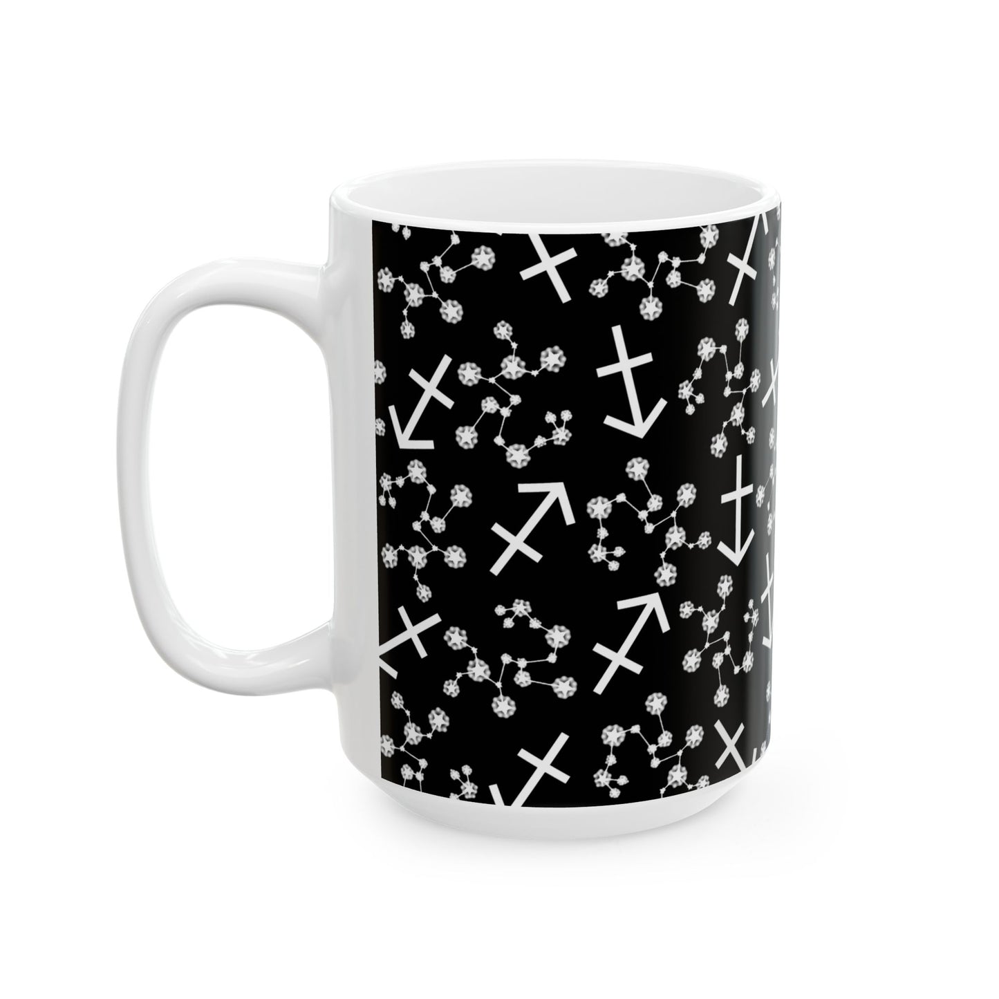 Ceramic Mug, (11oz, 15oz), Ceramic Coffee Mug, Black AOP, Sagittarius Zodiac Design