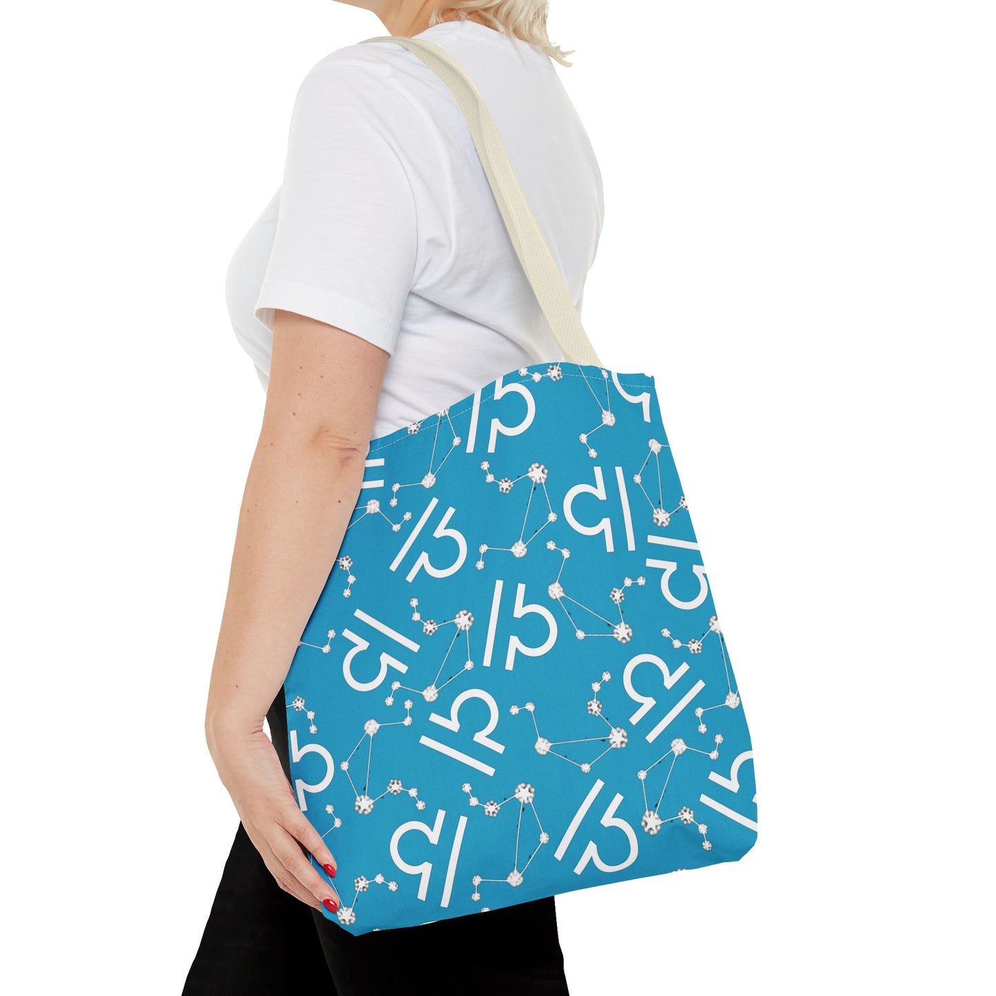 Tote Bag, Libra Zodiac Sign, AOP, (Turquoise, White)