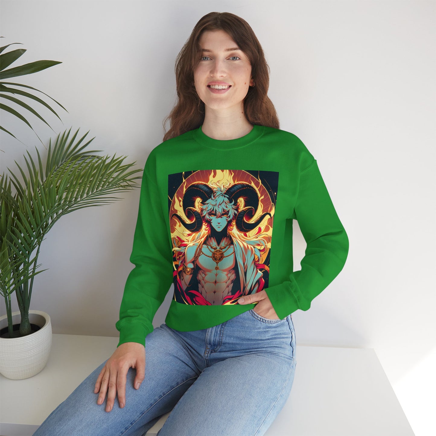 Unisex Heavy Blend™ Crewneck Sweatshirt, Anime Fire Aries, Zodiac Design