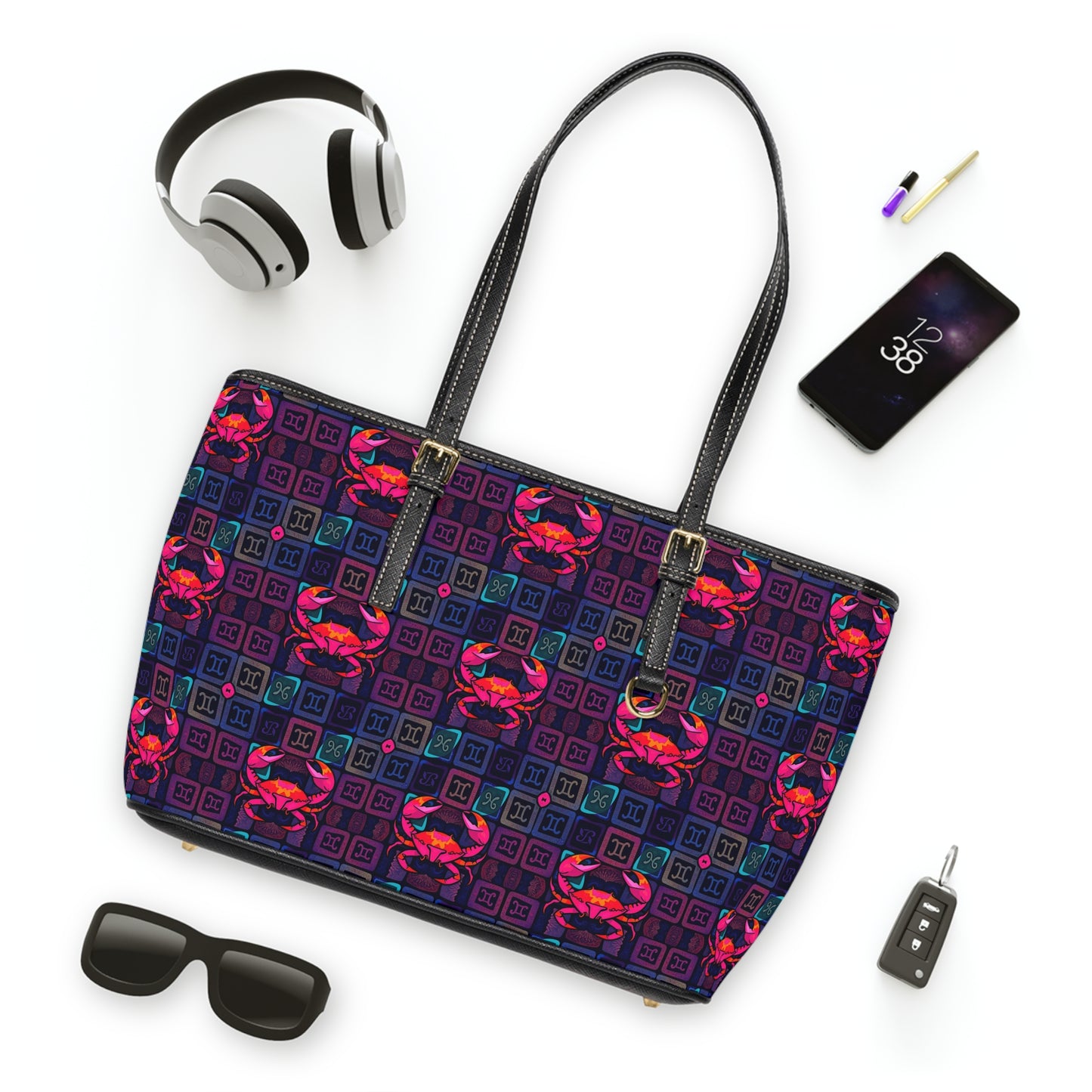 Leather Shoulder Bag, Cancer, Zodiac v3, Shapes Pattern