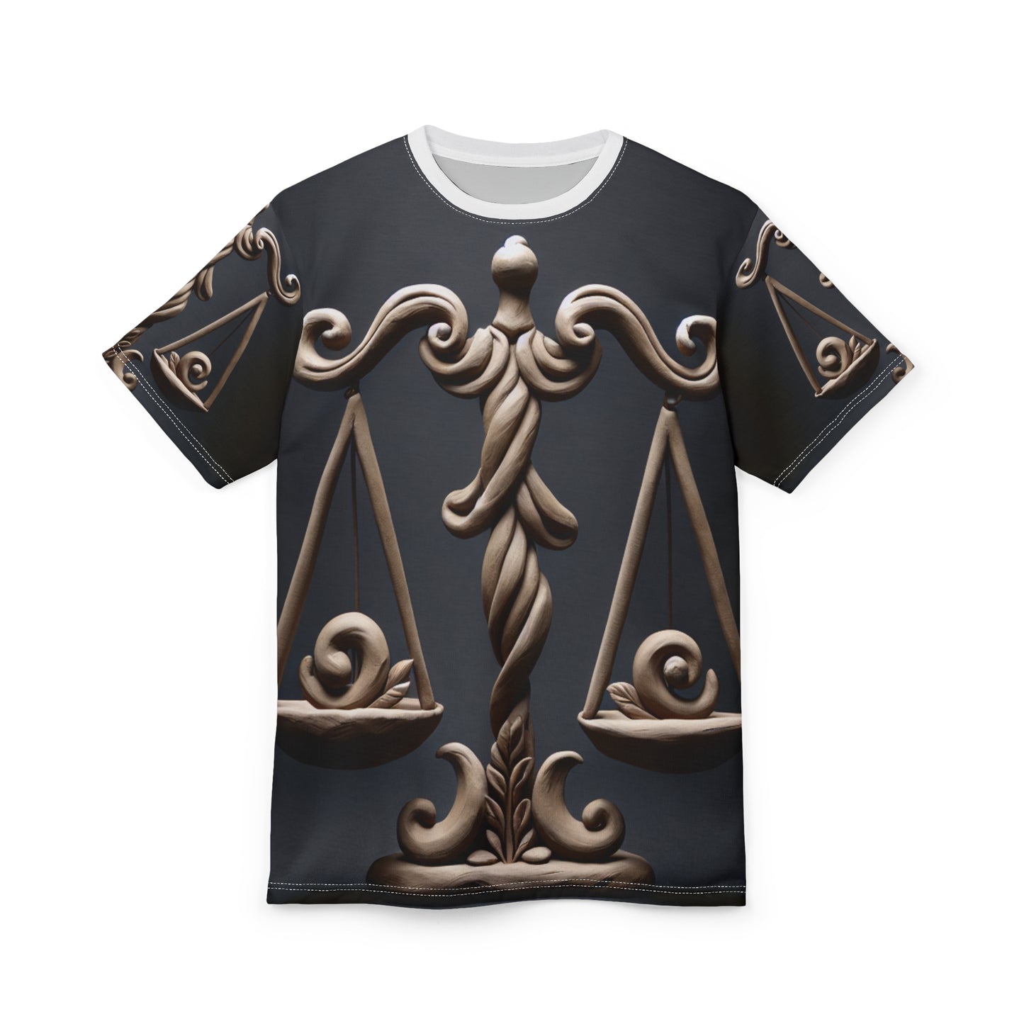 Unisex Cut & Sew T-Shirt (AOP), Bronze Scale, Libra Zodiac Design, Regular fit, 100% Polyester
