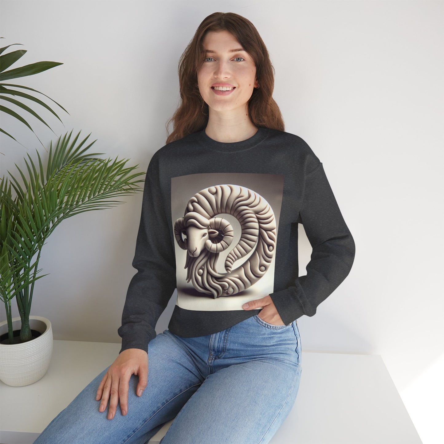 Unisex Heavy Blend™ Crewneck Sweatshirt, Round Statue, Aries Zodiac Design
