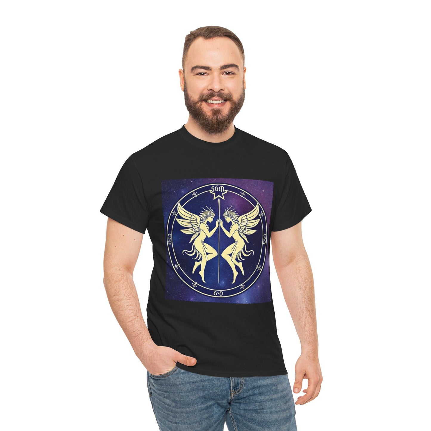 Unisex Heavy Cotton T-Shirt, Space Angel Twins, Gemini Zodiac Design