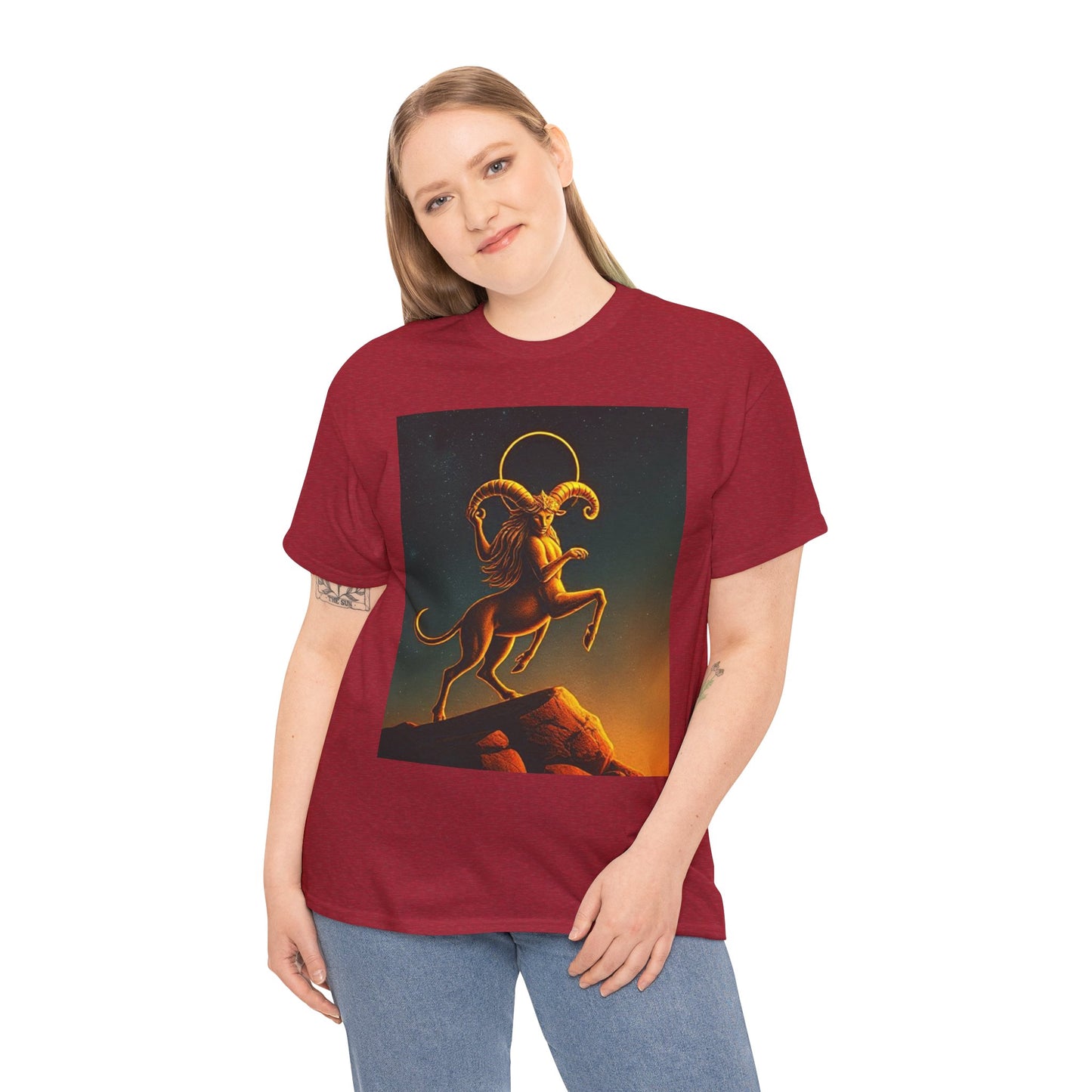 Unisex Heavy Cotton T-Shirt, Mountain Top 1v, Aries Zodiac Design