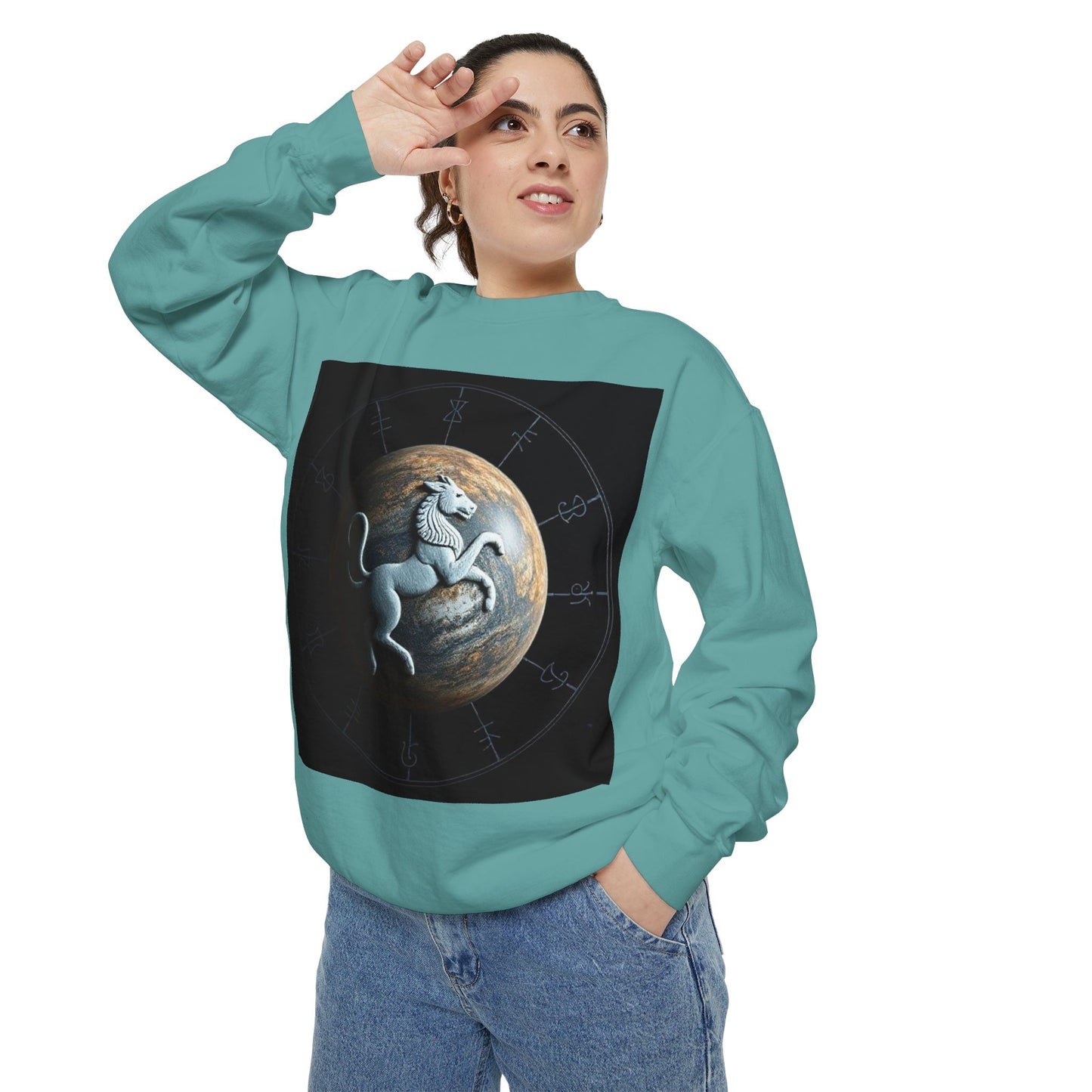 Garment-Dyed Sweatshirt, Unisex, Space Animal Design, Aquarius