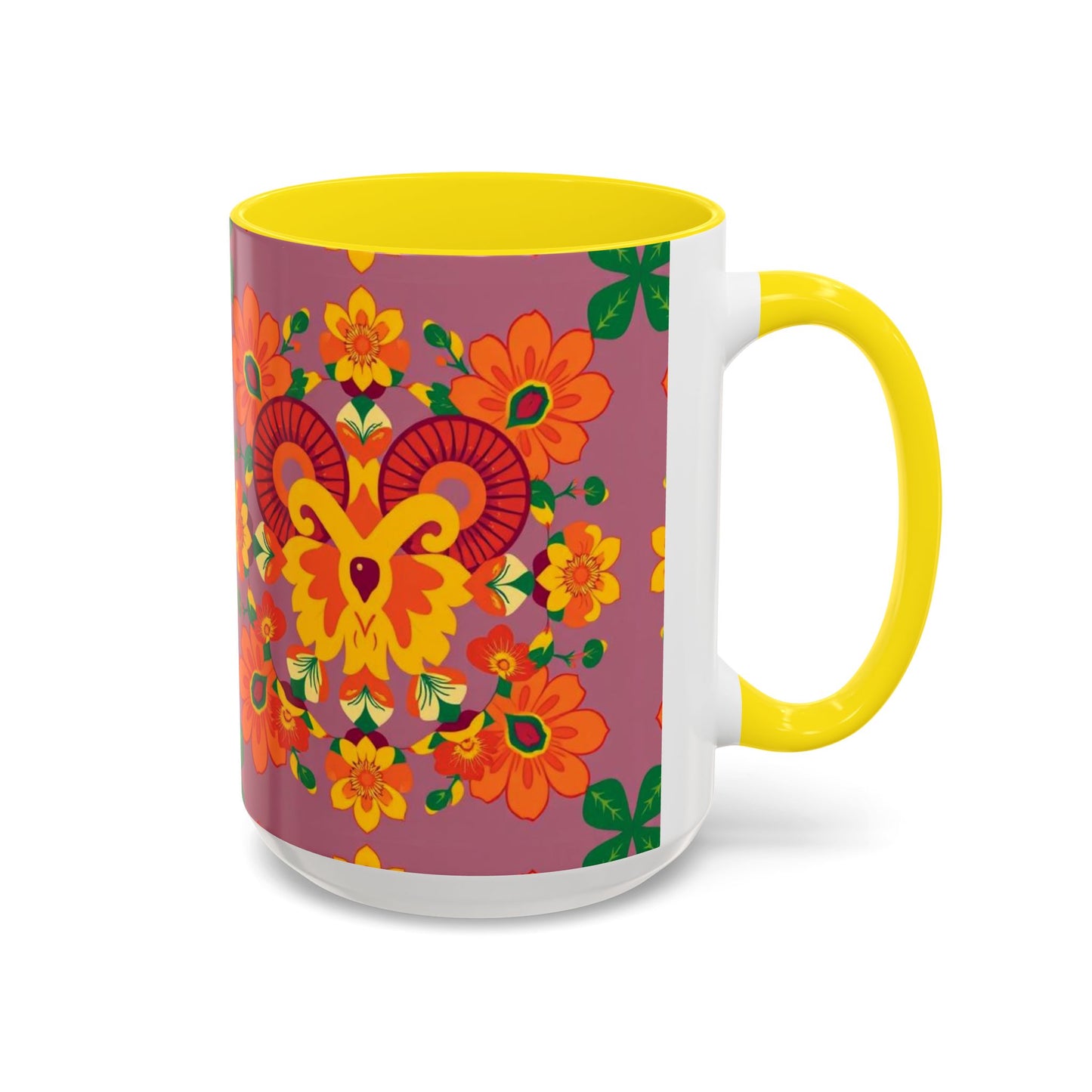 Accent Coffee Mug, Aries, Zodiac v1, Flower Pattern, (11, 15oz)