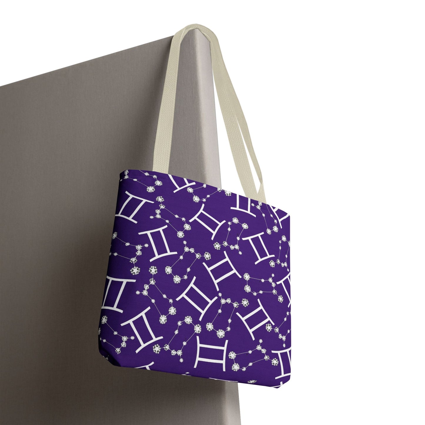 Tote Bag, Gemini Zodiac Sign, AOP, (Purple, White Print)