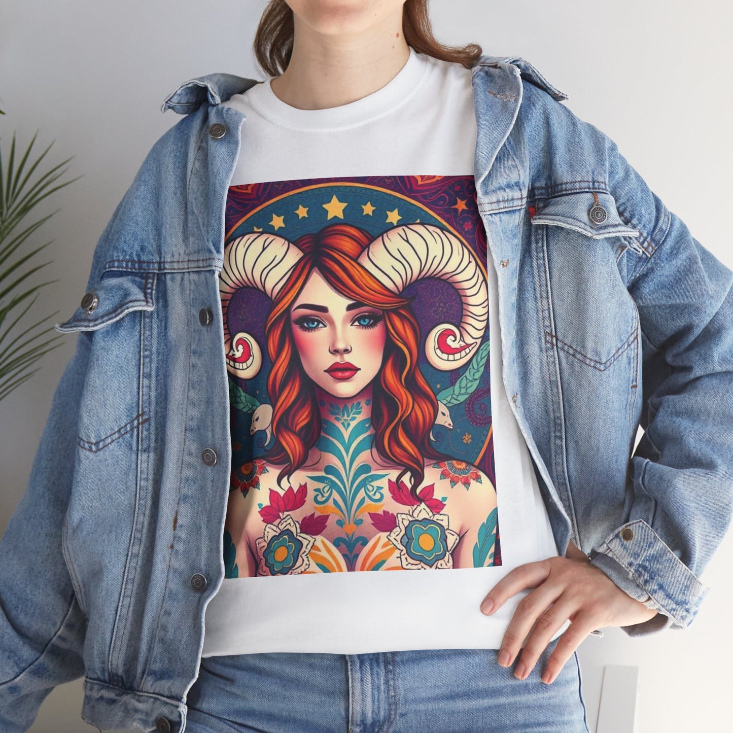 Unisex Heavy Cotton T-Shirt, Aries, Zodiac v1, Sexy Art