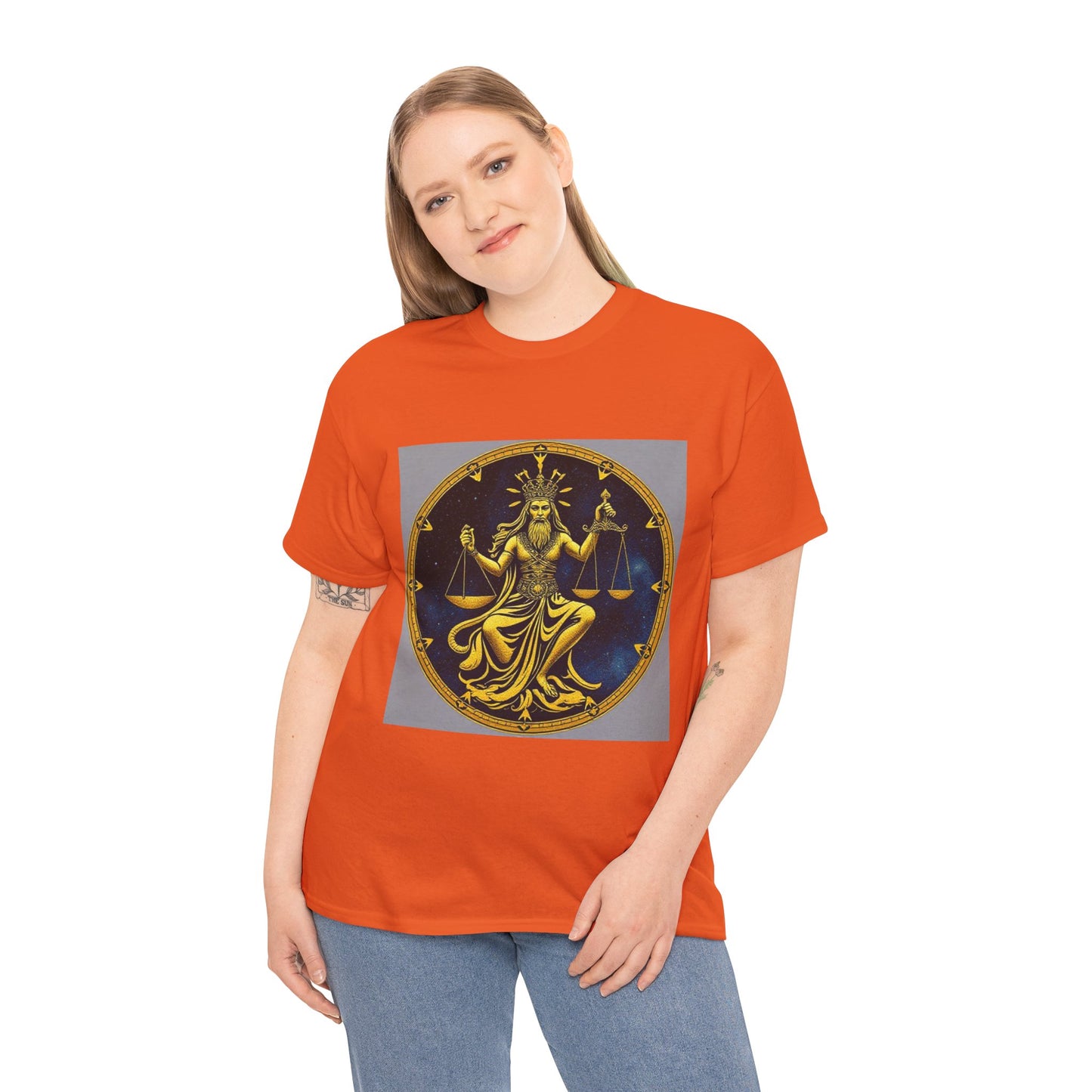 Unisex Heavy Cotton T-Shirt, Gold Libra God, Zodiac Design