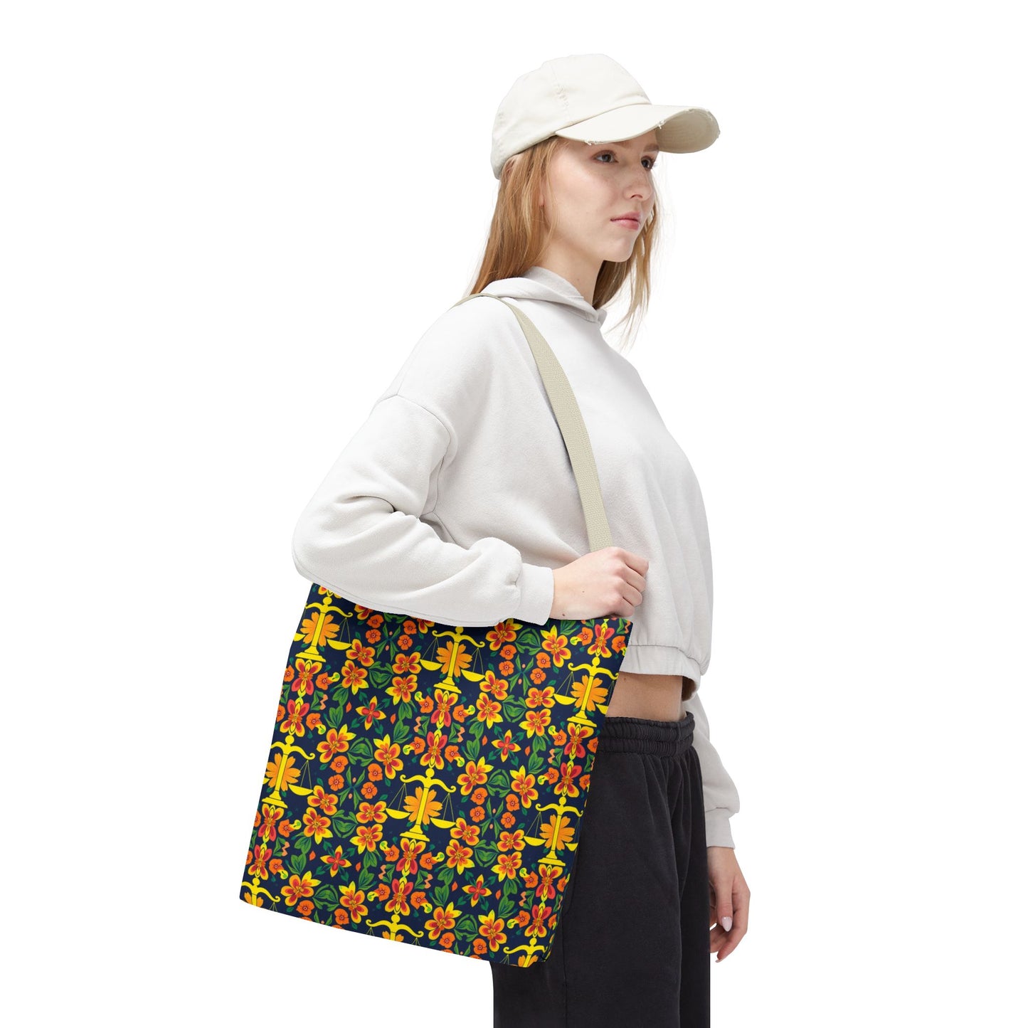 Tote Bag, (AOP), Libra, Zodiac v3, Flower Pattern