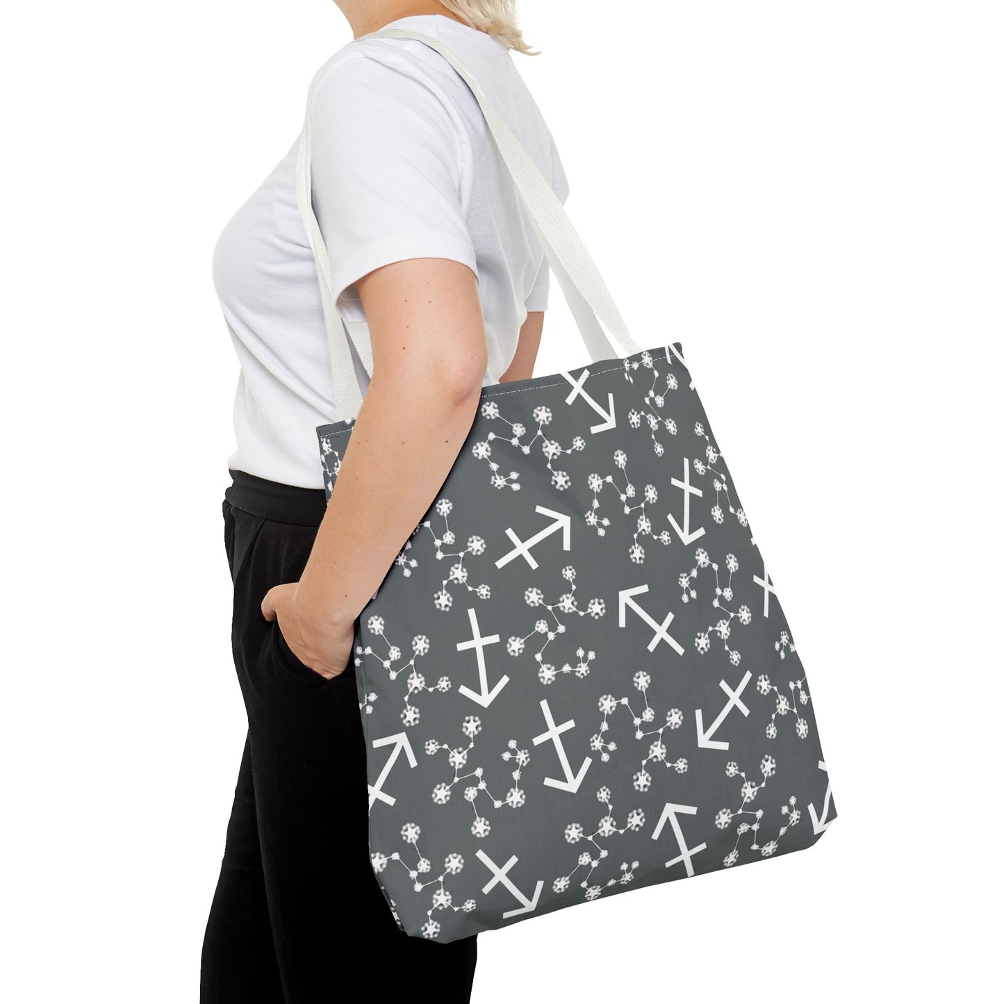 Tote Bag, Sagittarius Zodiac Sign, AOP, (Grey, White Print)