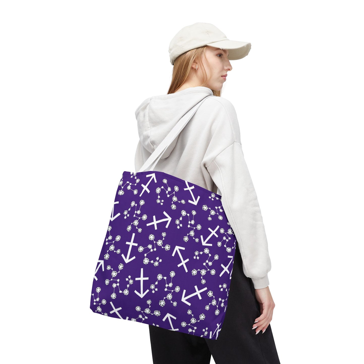 Tote Bag, Sagittarius Zodiac Sign, AOP, (Purple, White Print)
