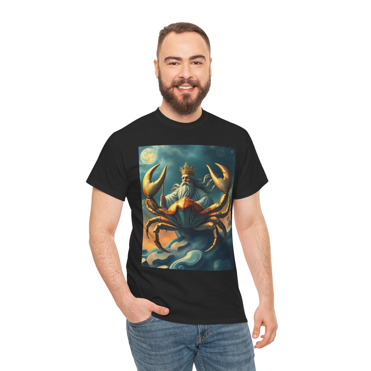 Unisex Heavy Cotton T-Shirt, Crustacean King v1, Cancer Zodiac Design