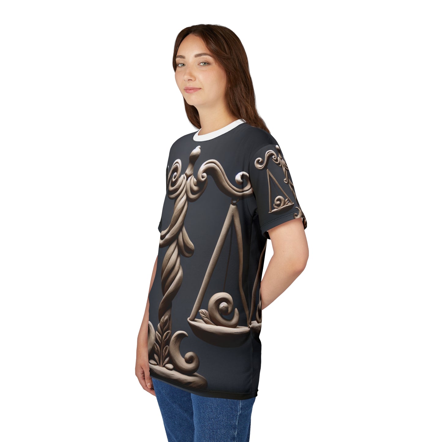Unisex Cut & Sew T-Shirt (AOP), Bronze Scale, Libra Zodiac Design, Regular fit, 100% Polyester
