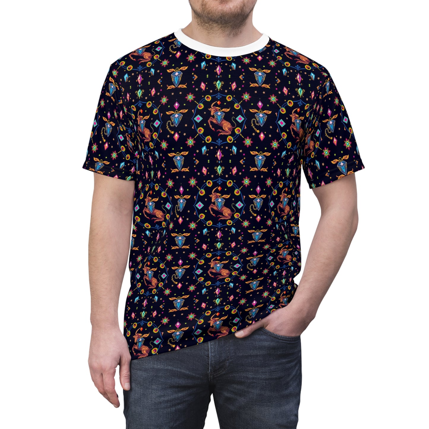 Unisex Cut & Sew T-Shirt, (AOP), Capricorn, Zodiac v2, Jewels Pattern