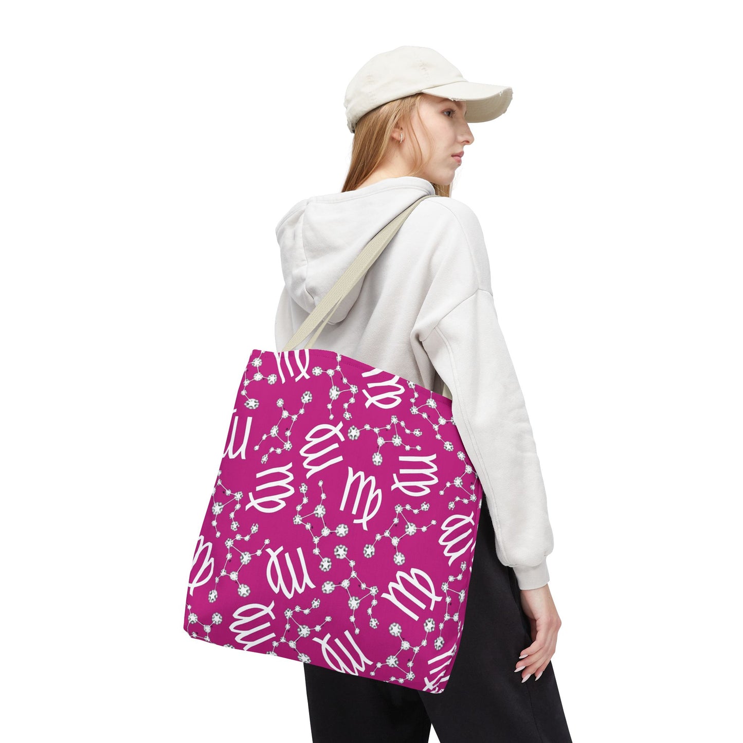 Tote Bag, Virgo Zodiac Sign, AOP, (Pink, White)