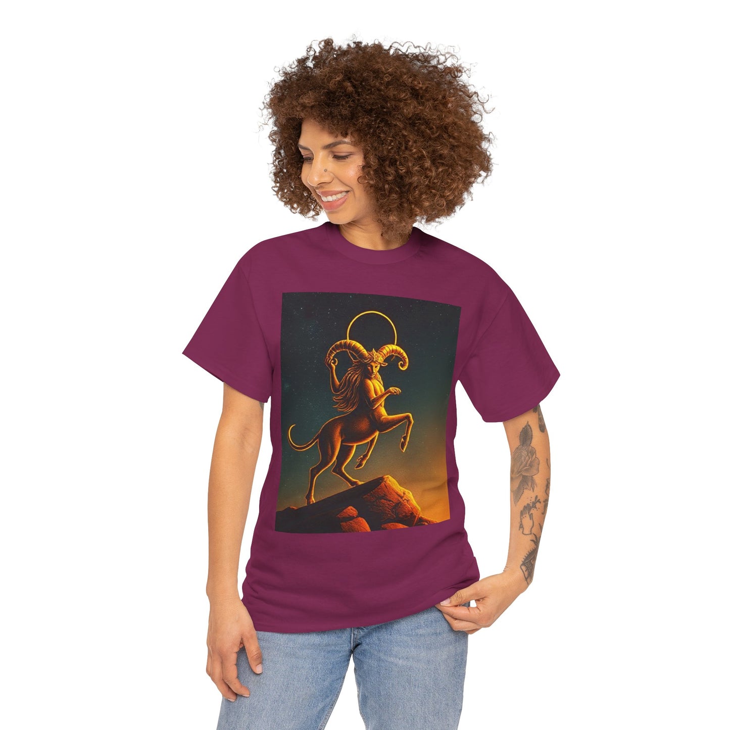 Unisex Heavy Cotton T-Shirt, Mountain Top 1v, Aries Zodiac Design