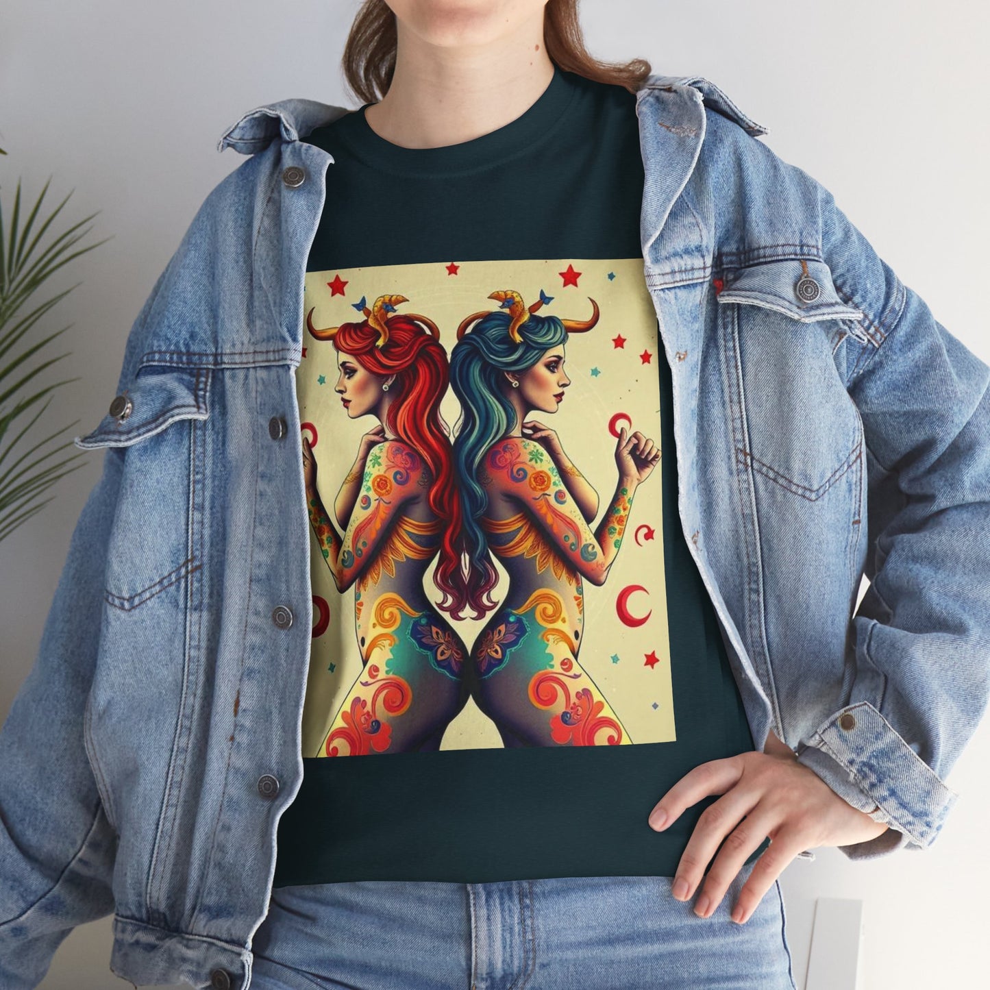 Unisex Heavy Cotton T-Shirt, Gemini, Zodiac v4, Sexy Art