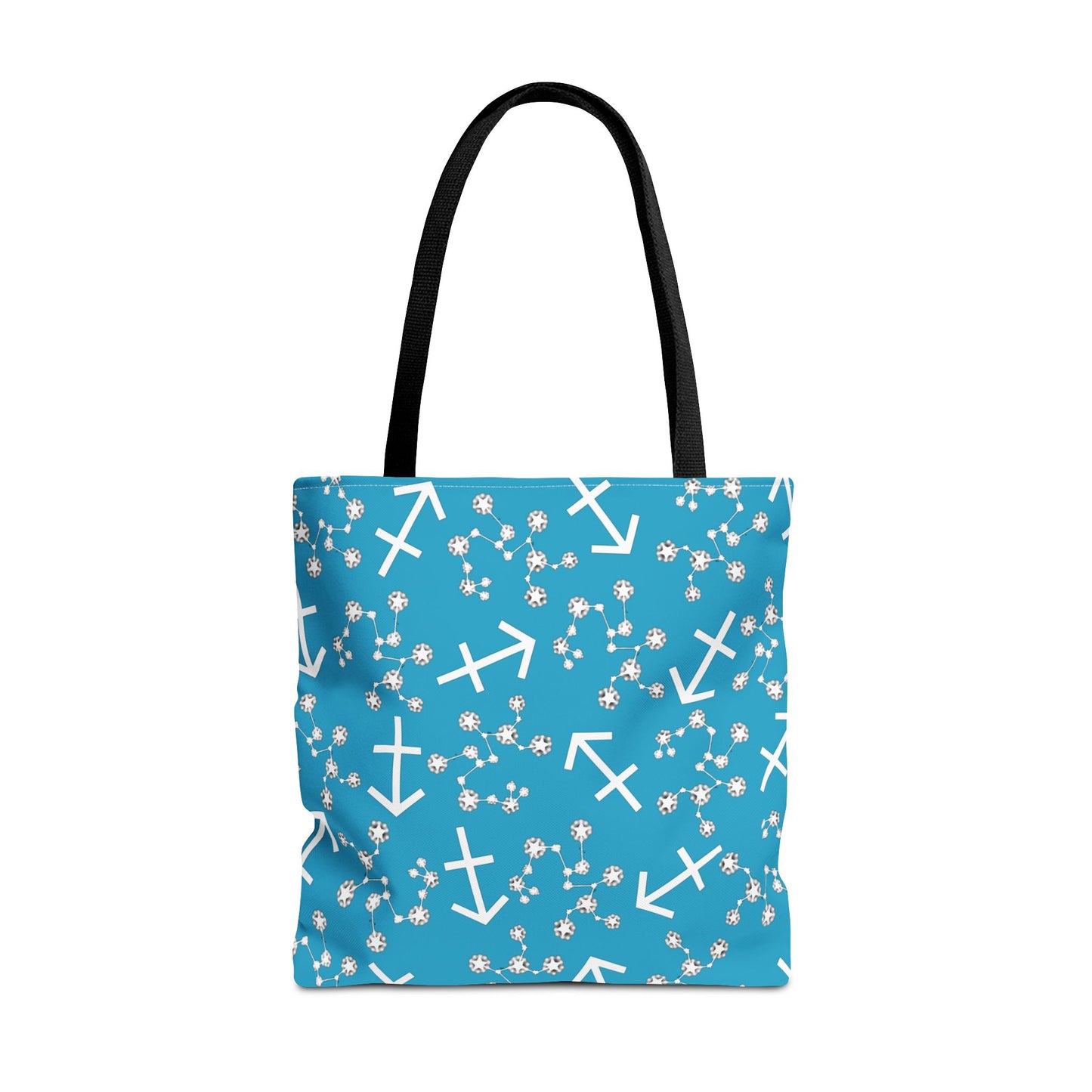 Tote Bag, Sagittarius Zodiac Sign, AOP, (Turquoise, White Print)