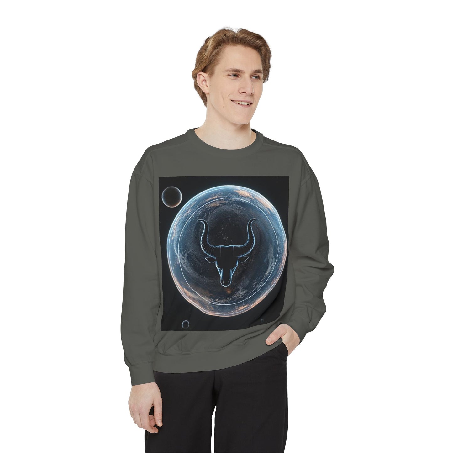Garment-Dyed Sweatshirt, Unisex, Space Animal Design, Taurus