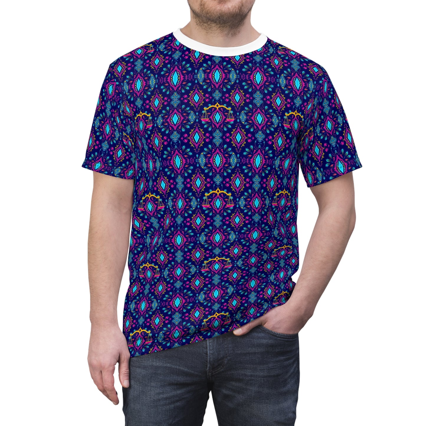Unisex Cut & Sew T-Shirt, (AOP), Libra, Zodiac v2, Jewels Pattern